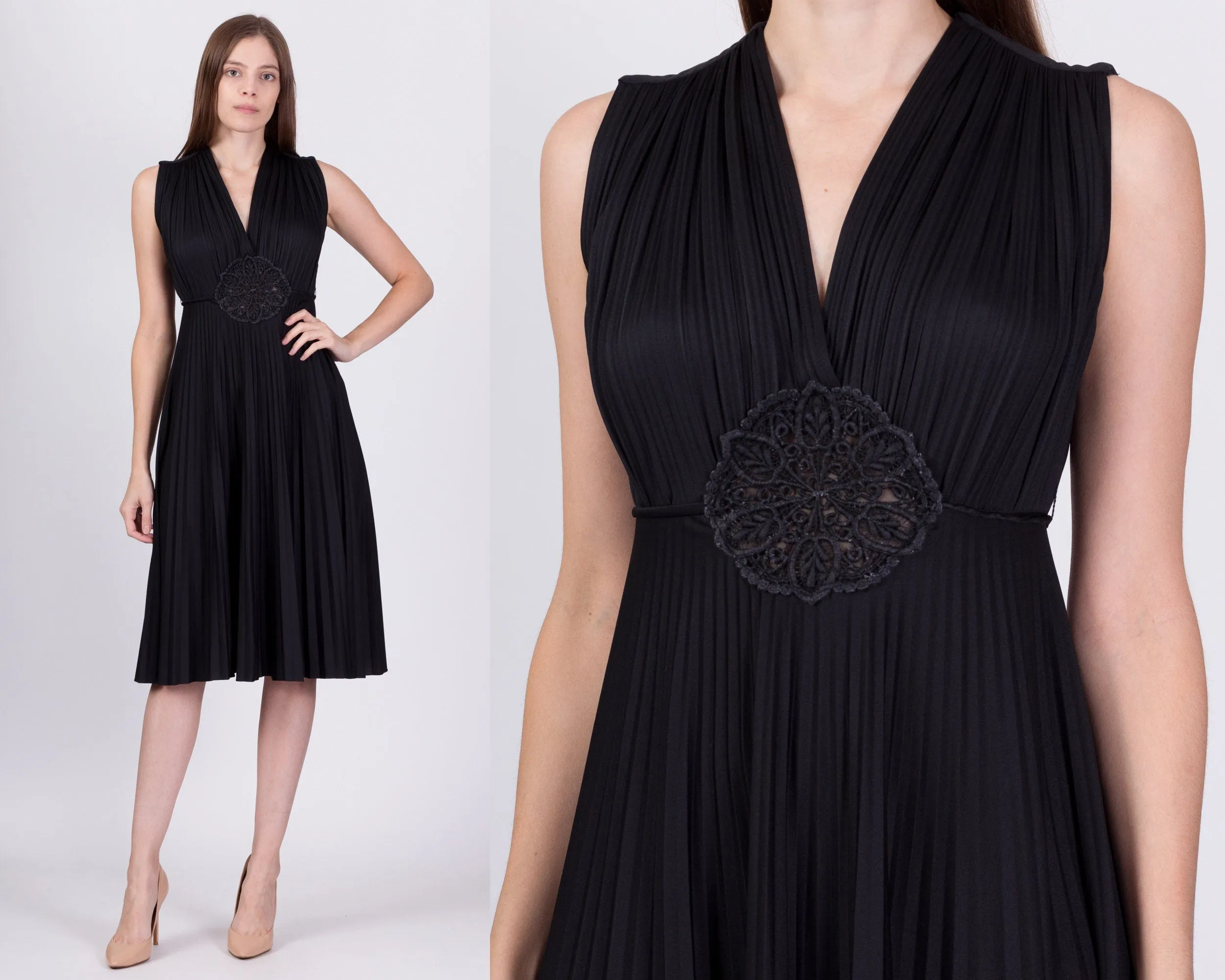 70s Boho Black Crochet Trim Pleated Dress - Small to Medium