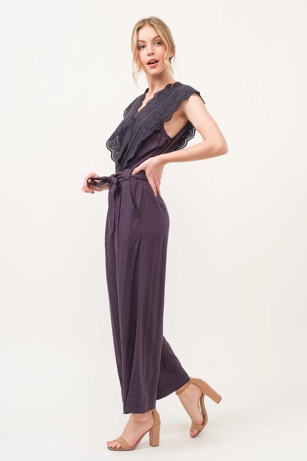 And The Why Laced Surplice Tie Waist Jumpsuit in Purple