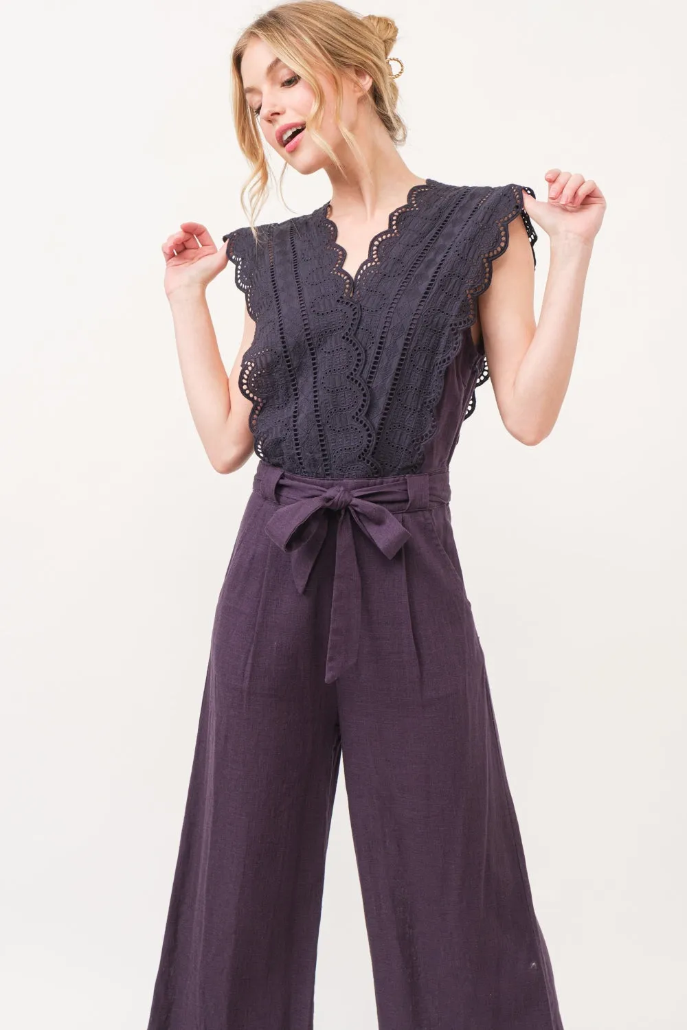 And The Why Laced Surplice Tie Waist Jumpsuit in Purple