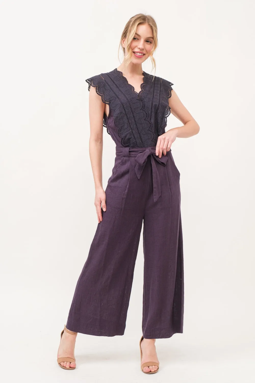 And The Why Laced Surplice Tie Waist Jumpsuit in Purple