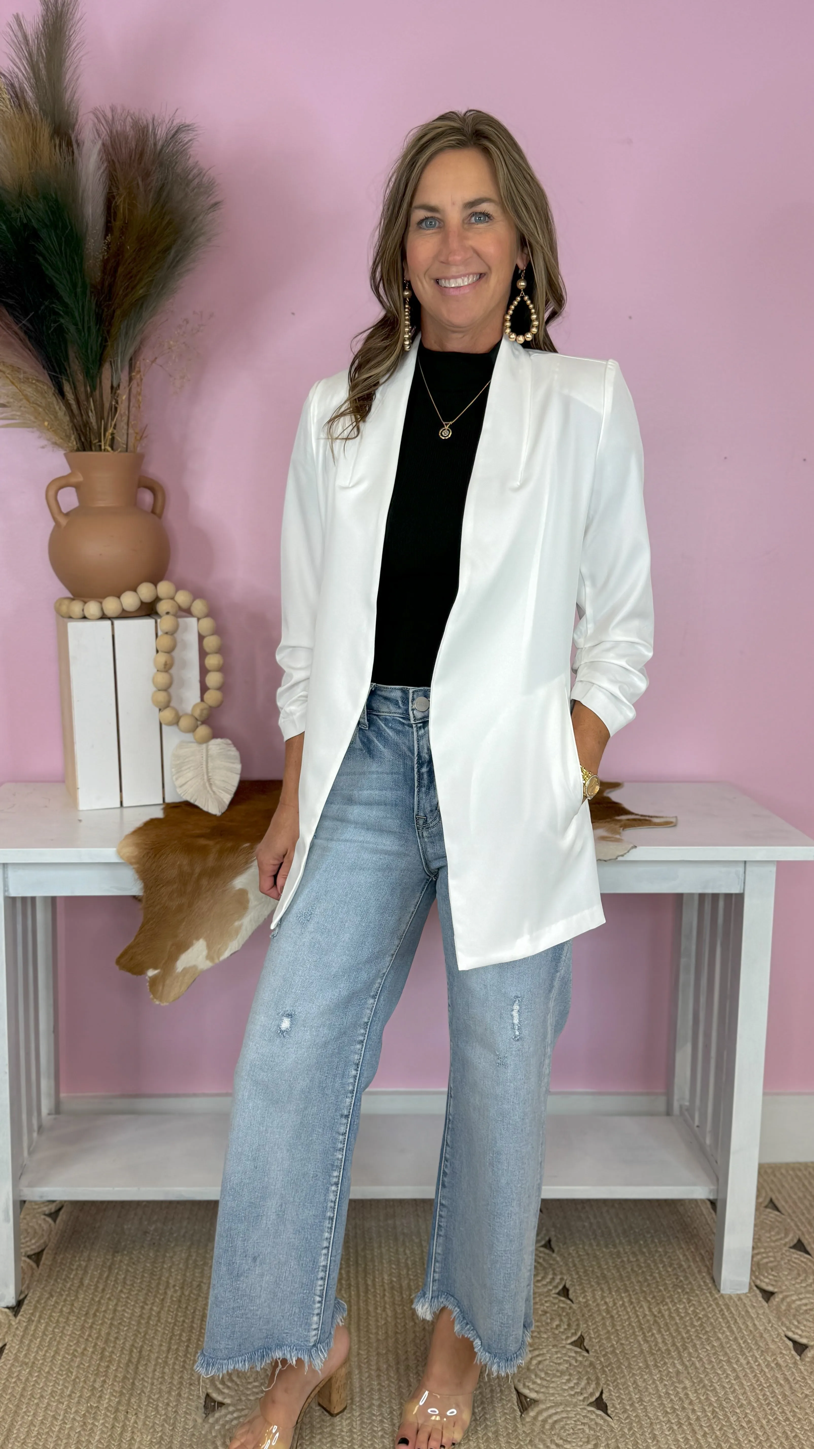 Back To Atlanta White 3/4 Sleeve Collarless Longline Blazer