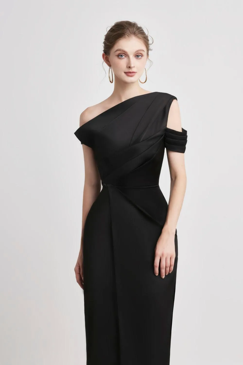 Bauhinia Pencil Pleated Shoulder Silk Spandex Midi Dress