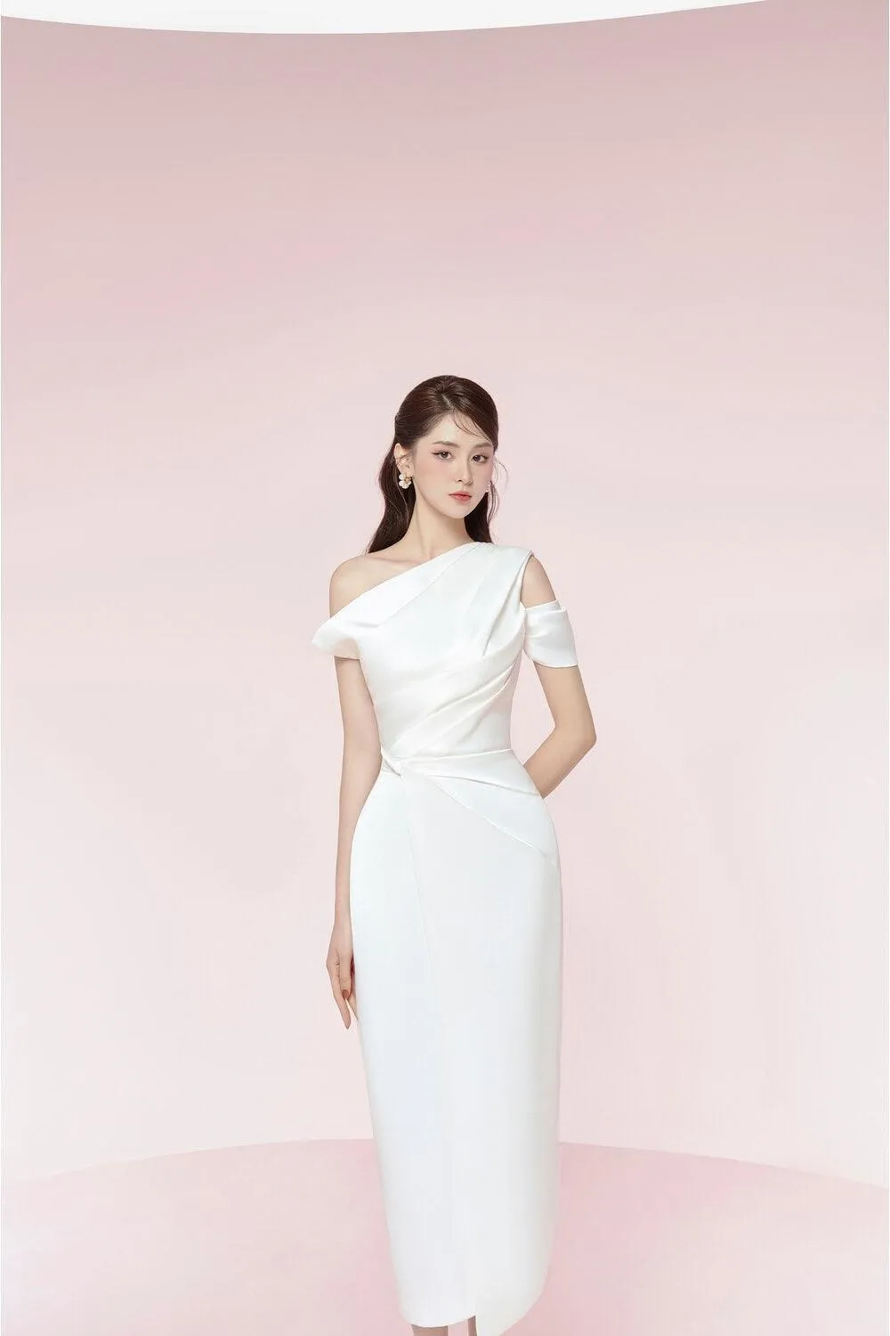 Bauhinia Pencil Pleated Shoulder Silk Spandex Midi Dress