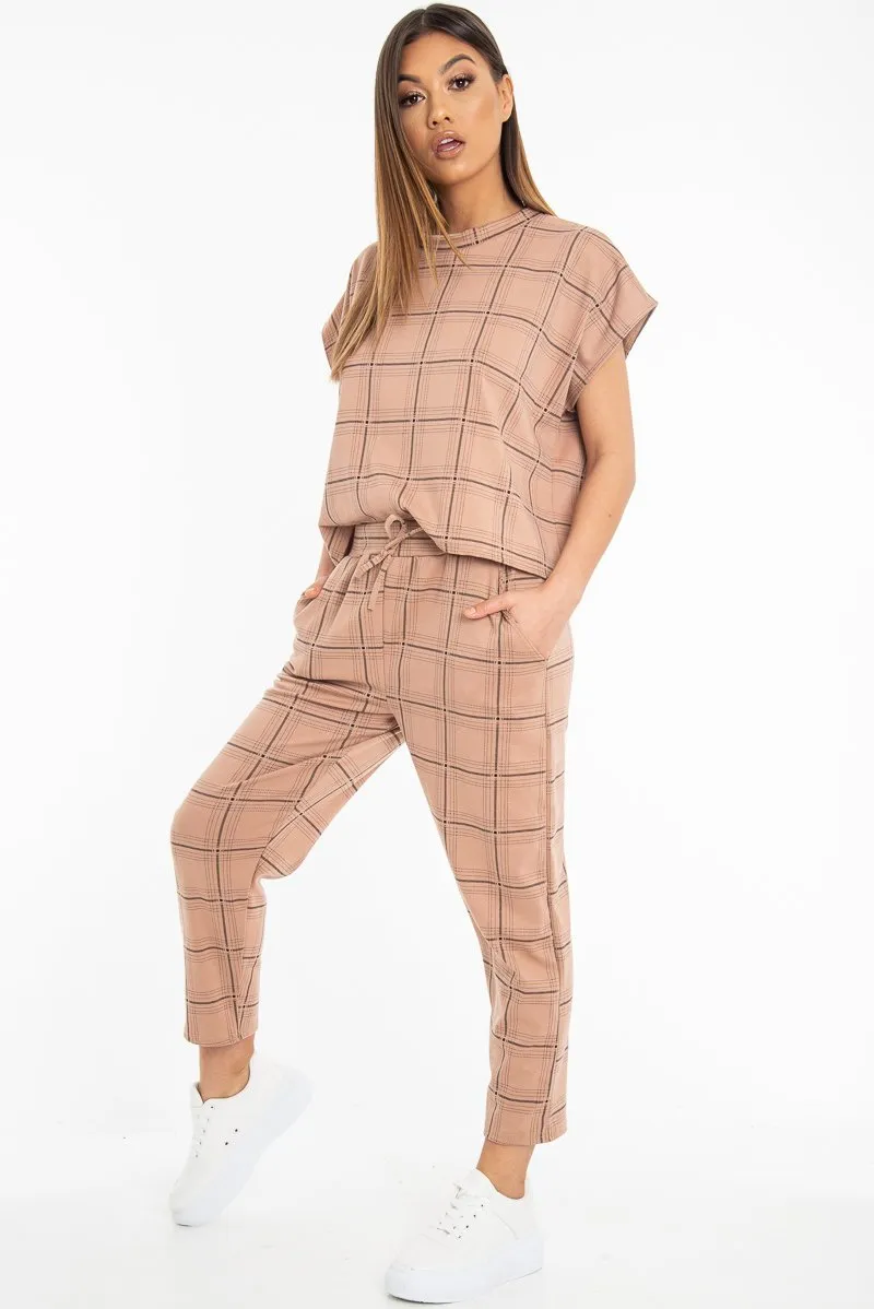 Beige Check Short Sleeve Top and Jogger Set - Aimy