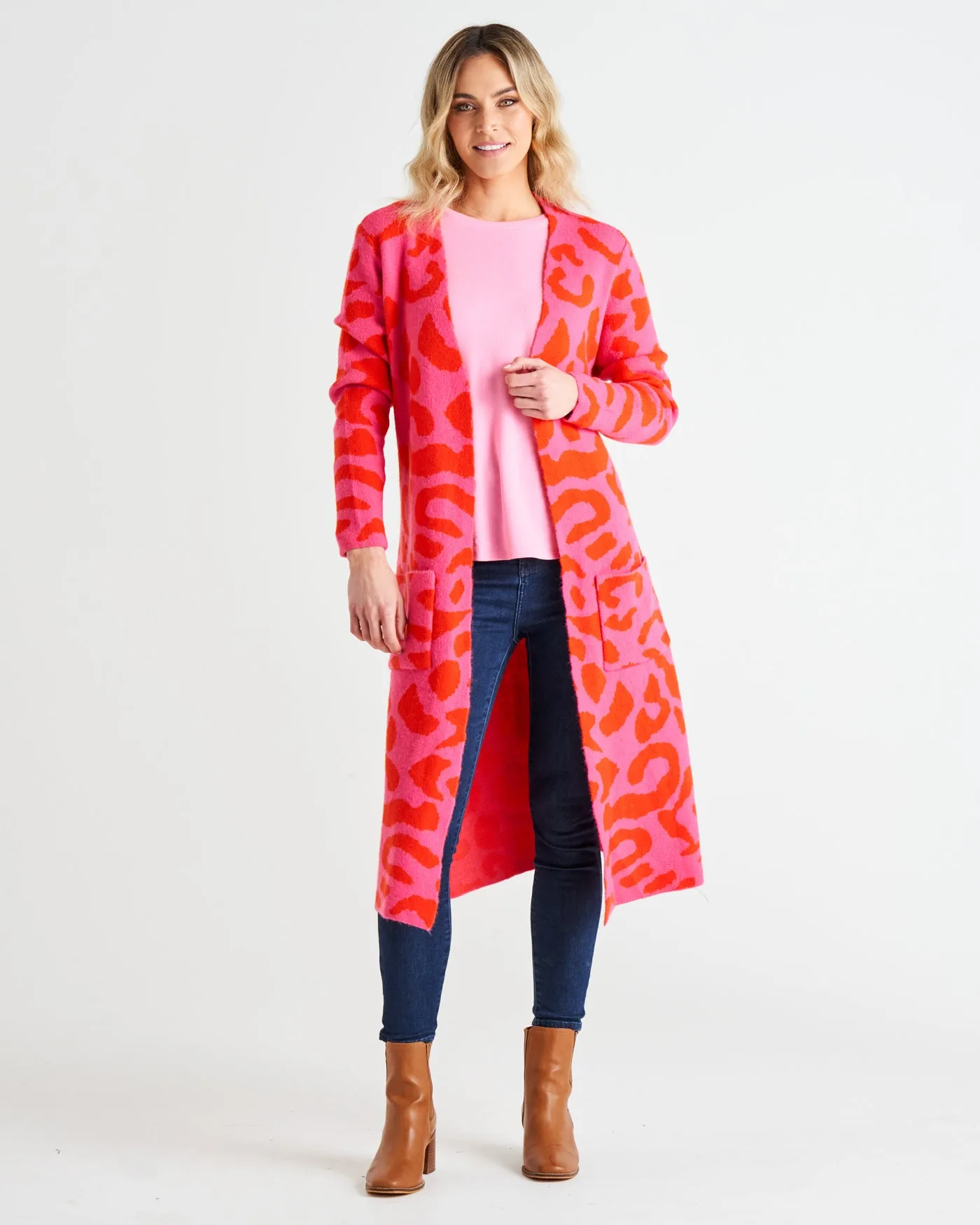 Betty Basics Swift Cardigan Pink Red Cheetah