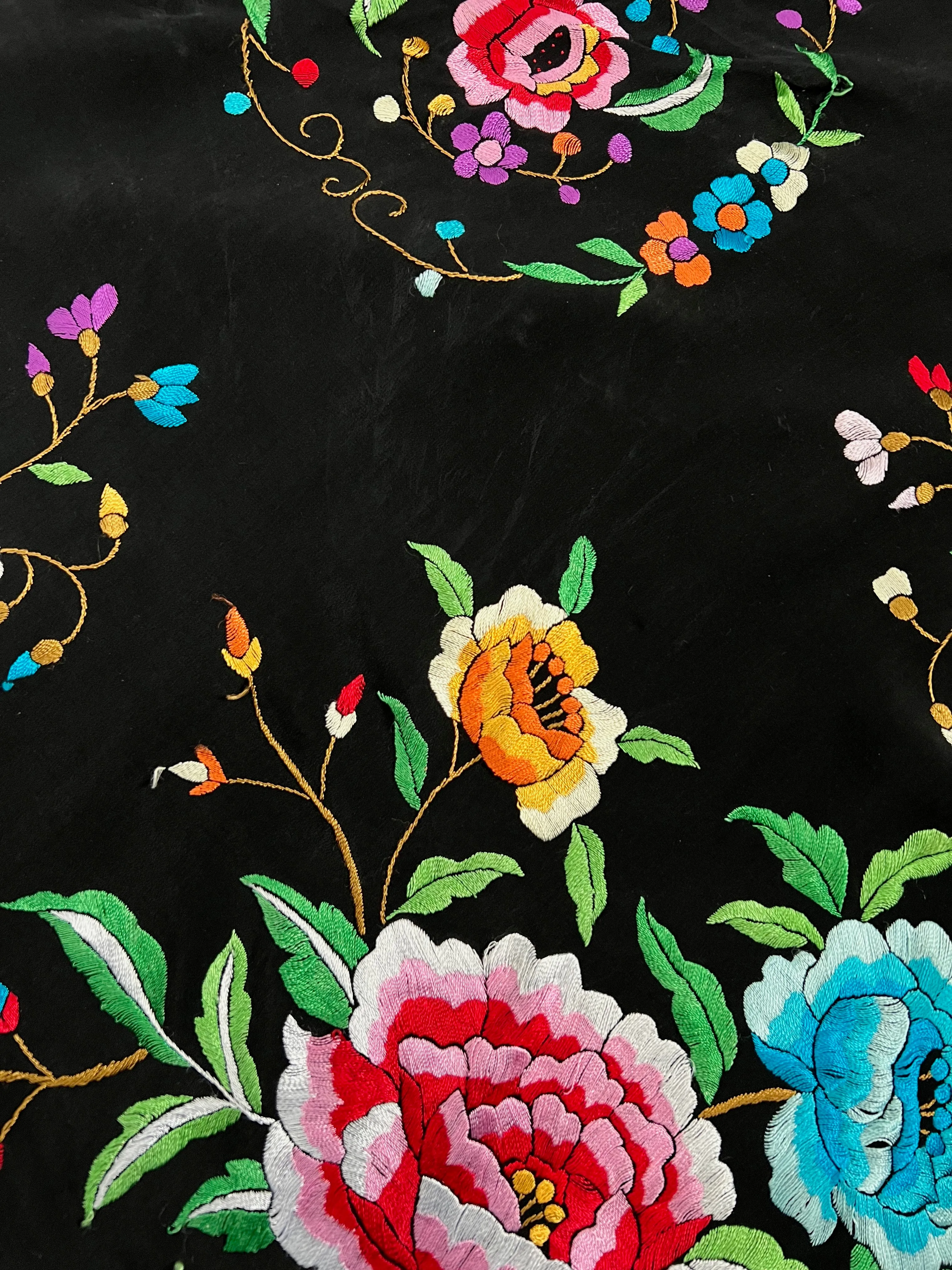 Black Floral Embroidered Fringe Piano Shawl, One Size