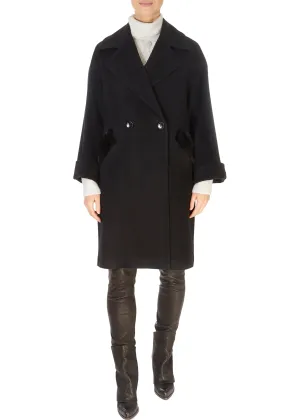 Black Wool Double Breasted Coat With Mink Trim