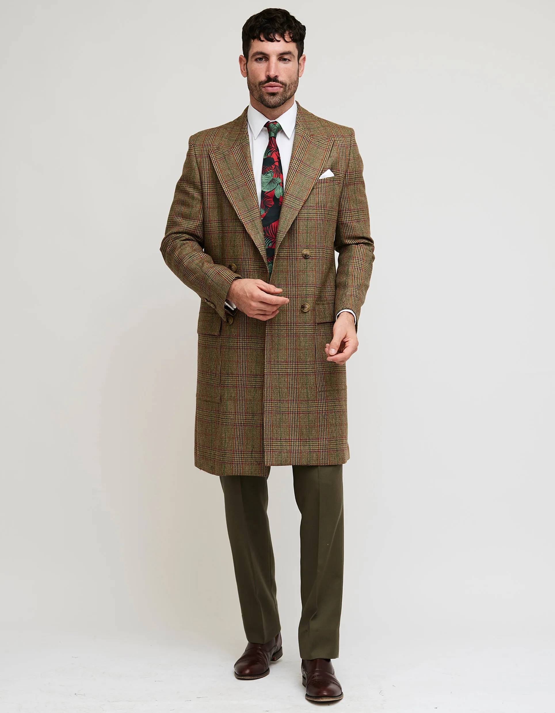 Brown Check Tweed Double Breasted Coat