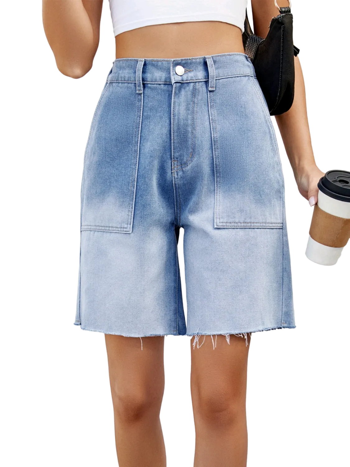 Buttoned Raw Hem Denim Shorts with Pockets