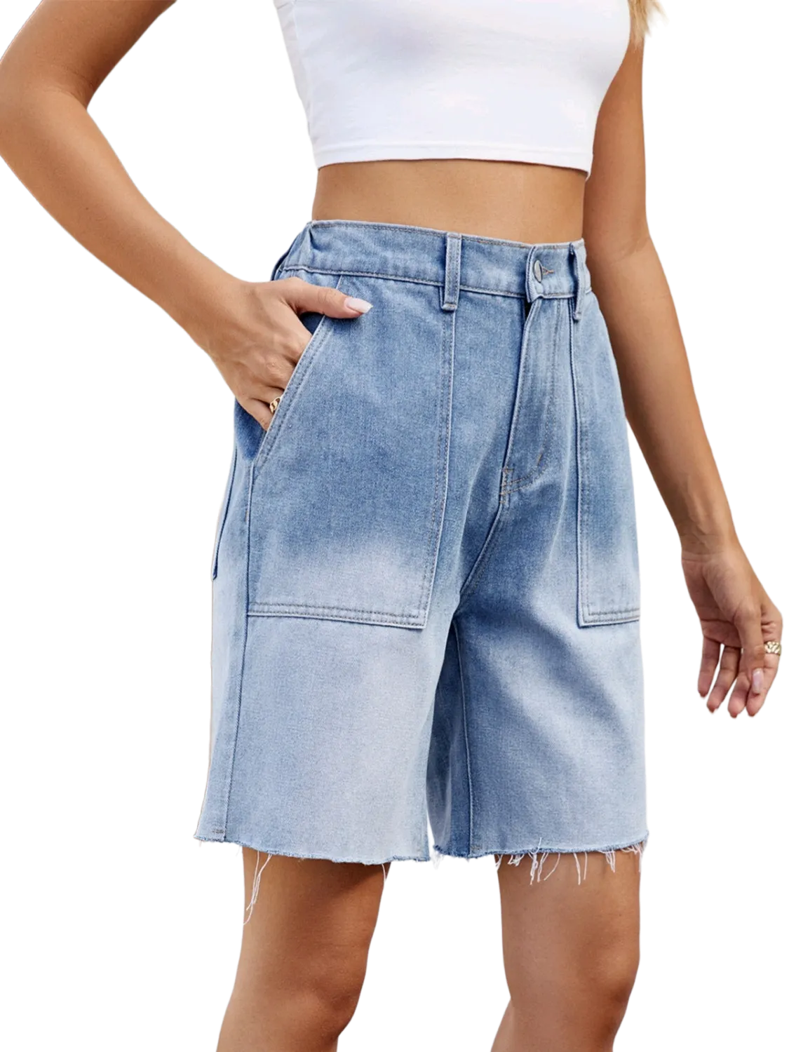 Buttoned Raw Hem Denim Shorts with Pockets