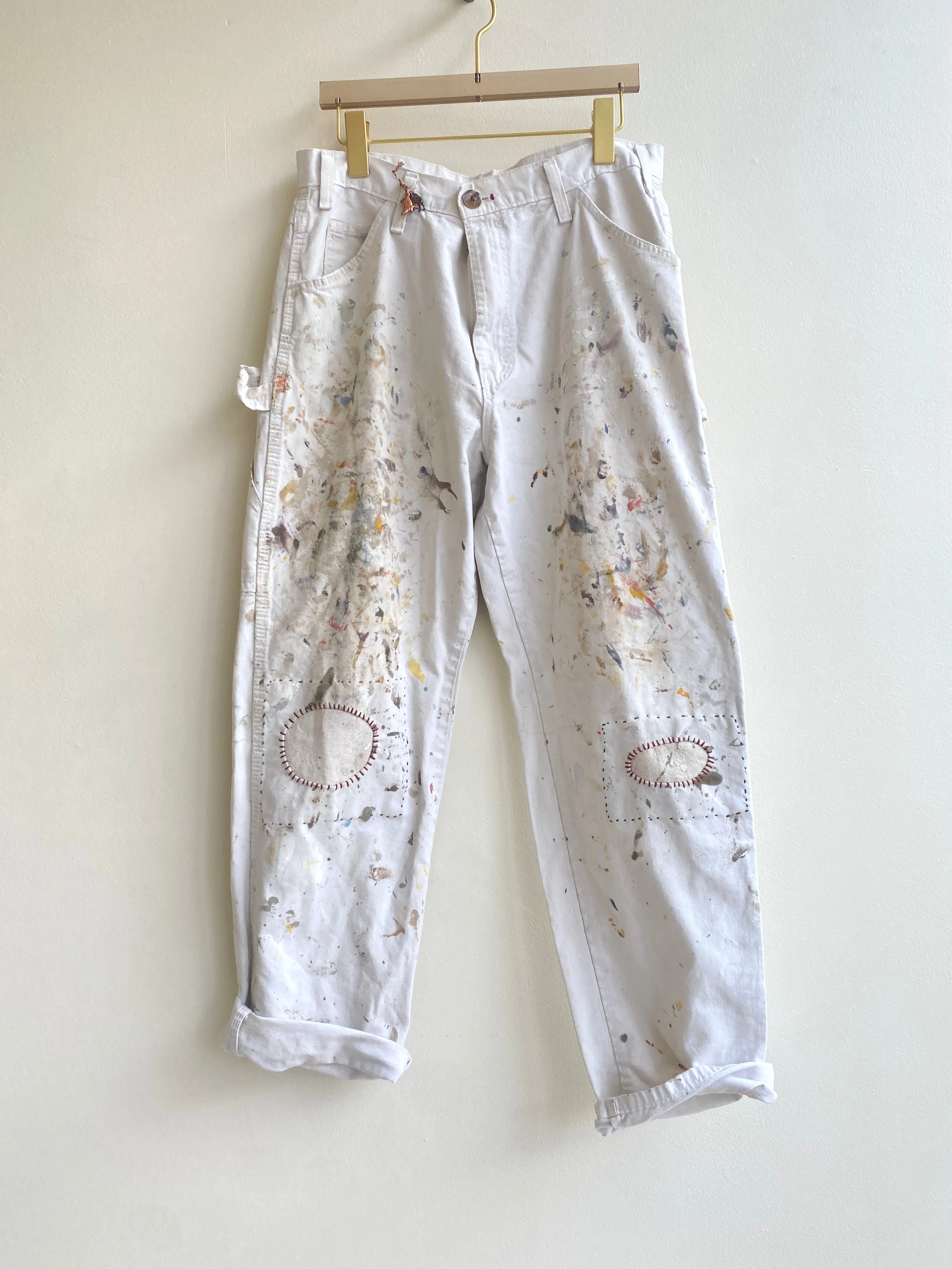 Canvas Hand Embroidered Patched Painters Pants w/ Cracker Jack Charm (Reworked)