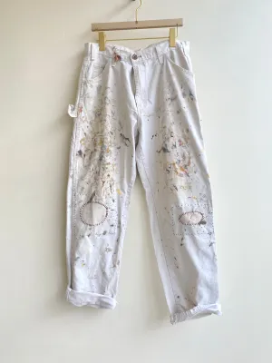 Canvas Hand Embroidered Patched Painters Pants w/ Cracker Jack Charm (Reworked)