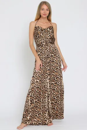 Celeste Sleeveless Cowl Neck Leopard Print Jumpsuit Brown