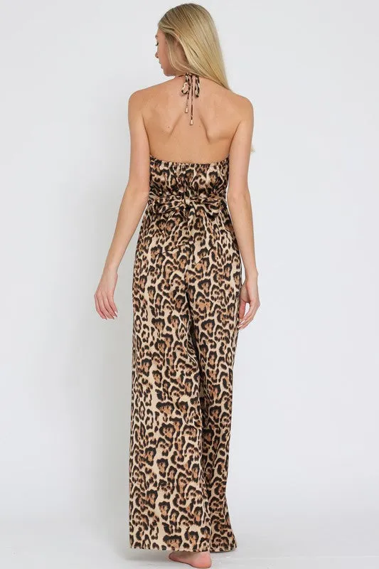 Celeste Sleeveless Cowl Neck Leopard Print Jumpsuit Brown