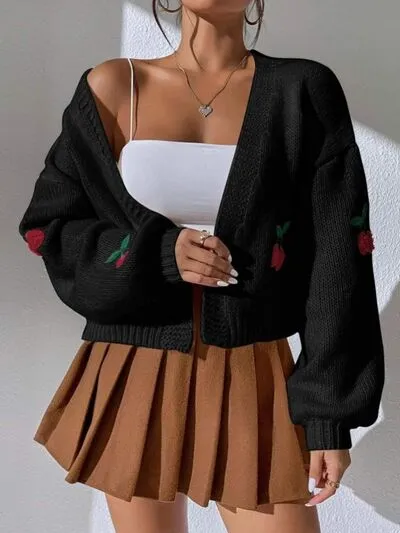 Cherry Graphic Open Front Dropped Shoulder Cardigan