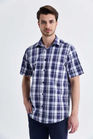 Classic Fit Plaid Cotton Navy Dress Shirt