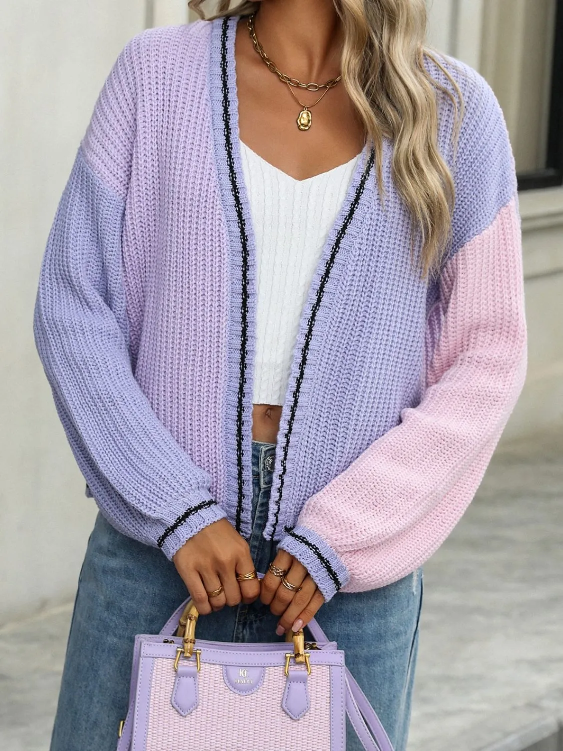 Contrast Open Front Long Sleeve Oversized Cardigan - 4 colors