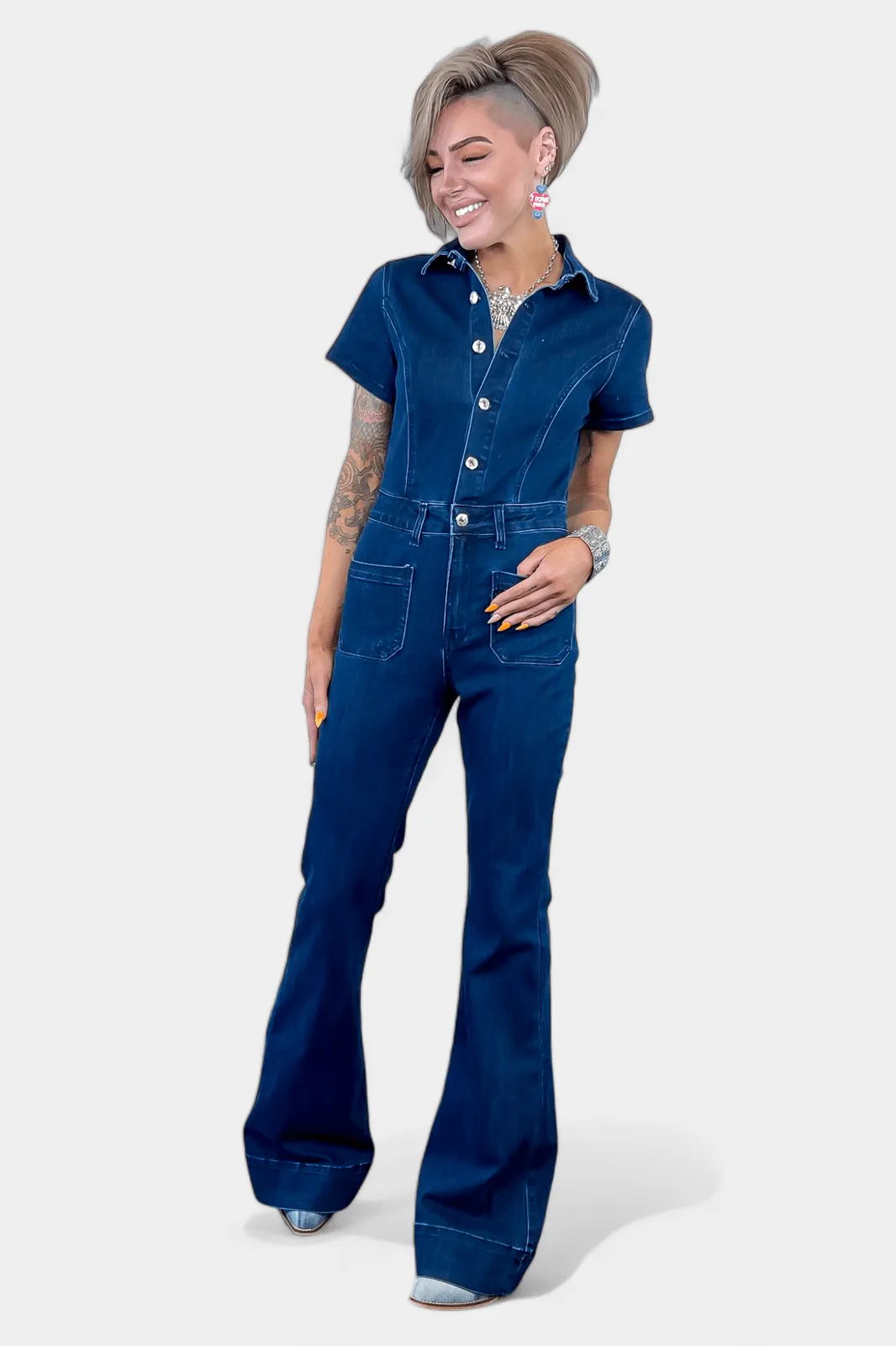 Dark Denim Flared Jumpsuit