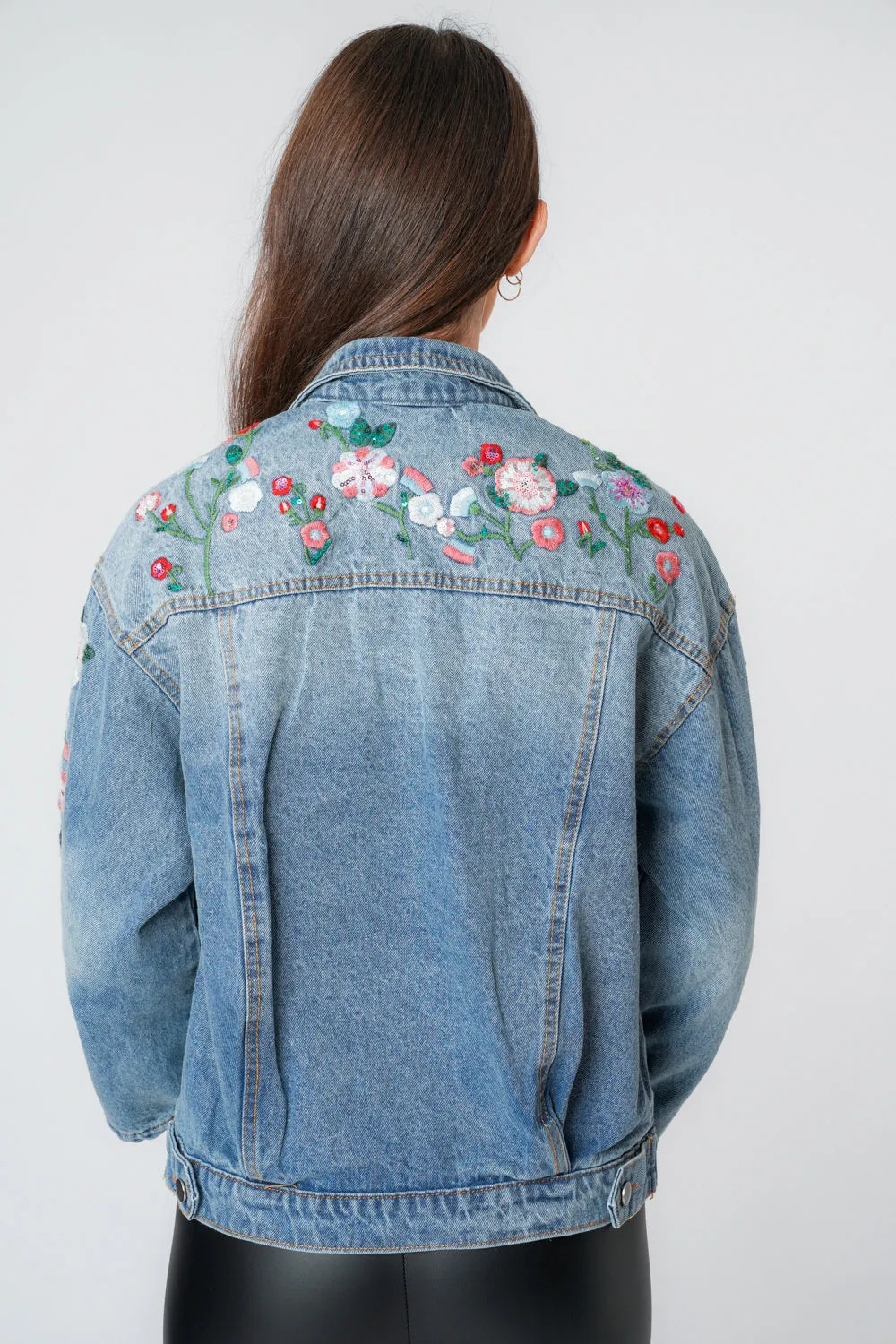 Denim Blue Floral Embroidery Flare Sleeve Jacket