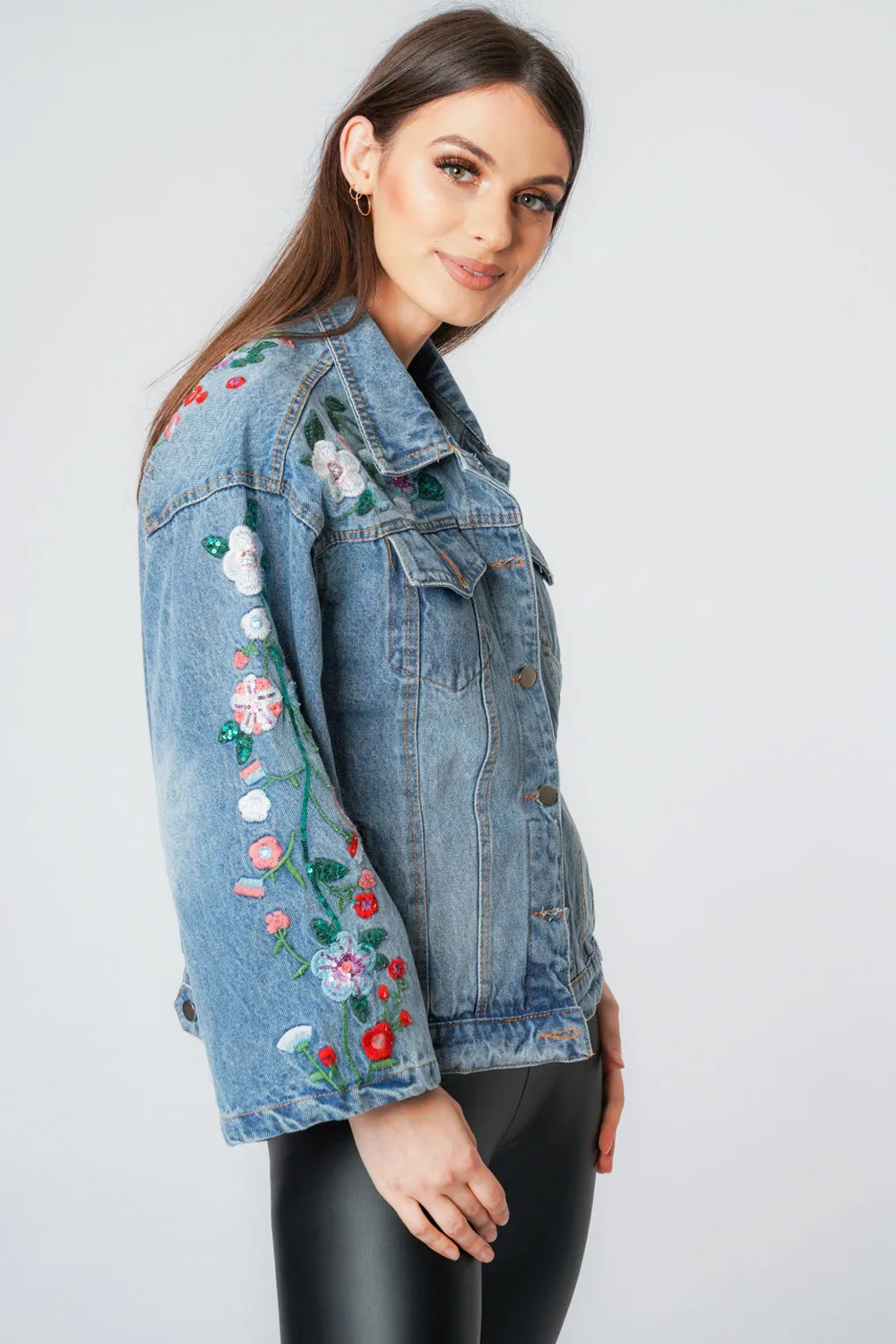 Denim Blue Floral Embroidery Flare Sleeve Jacket