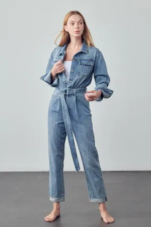 Denim Lab USA Belted Collared Button Front Denim Jumpsuit