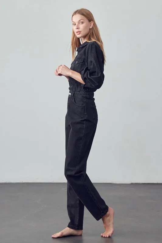 Denim Lab USA High Waist Flap Pocket Half Button Denim Jumpsuit