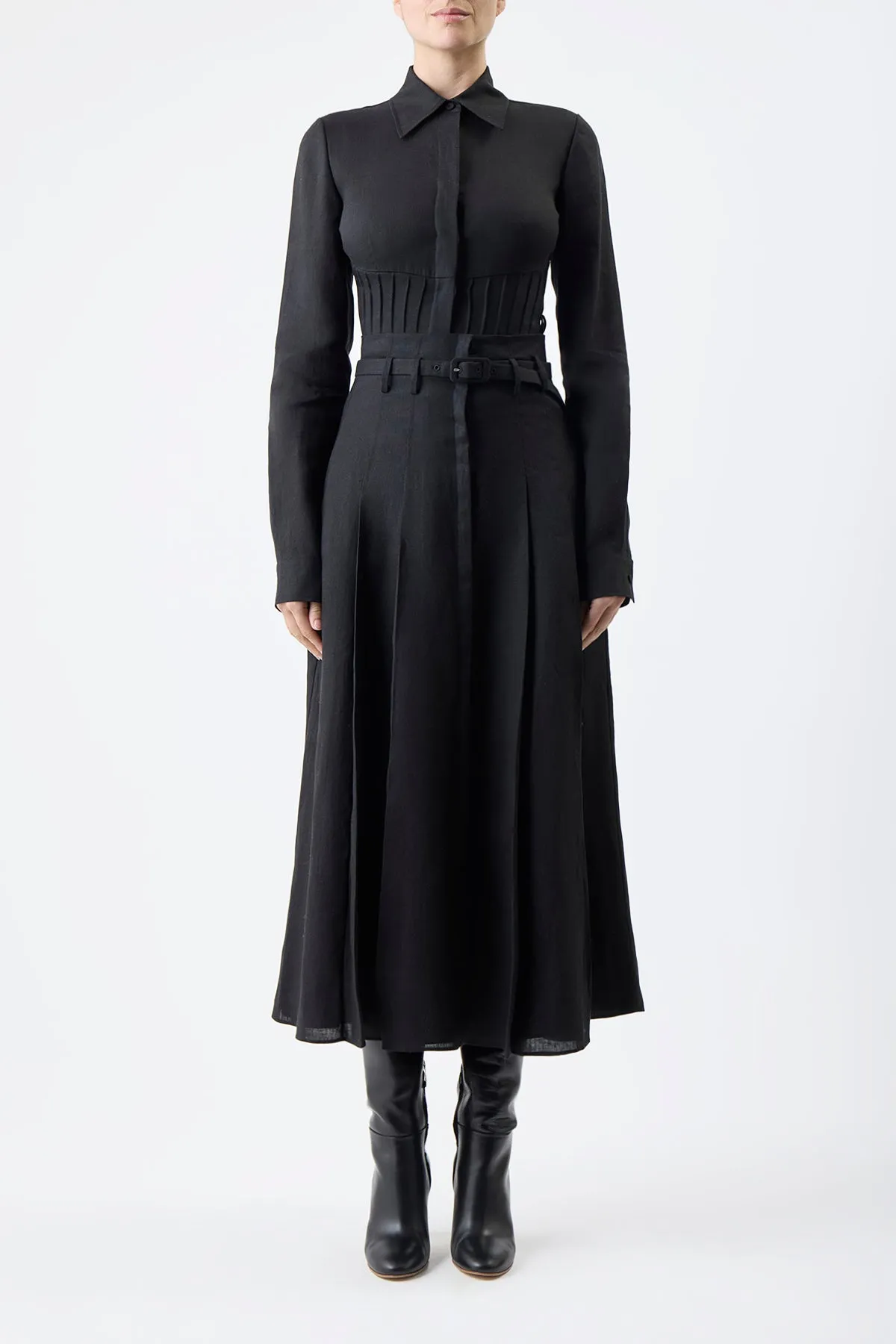 Dugald Pleated Skirt in Black Aloe Linen