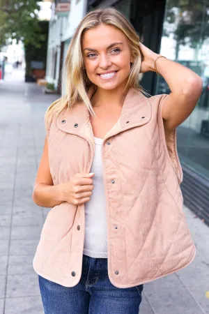 Fall Vibes Taupe Corduroy Snap Button Quilted Vest