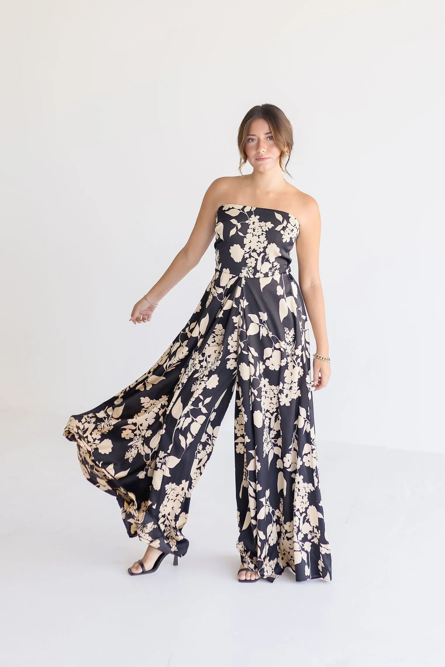 Francis Sleeveless Floral Print Wide Leg Jumpsuit Black