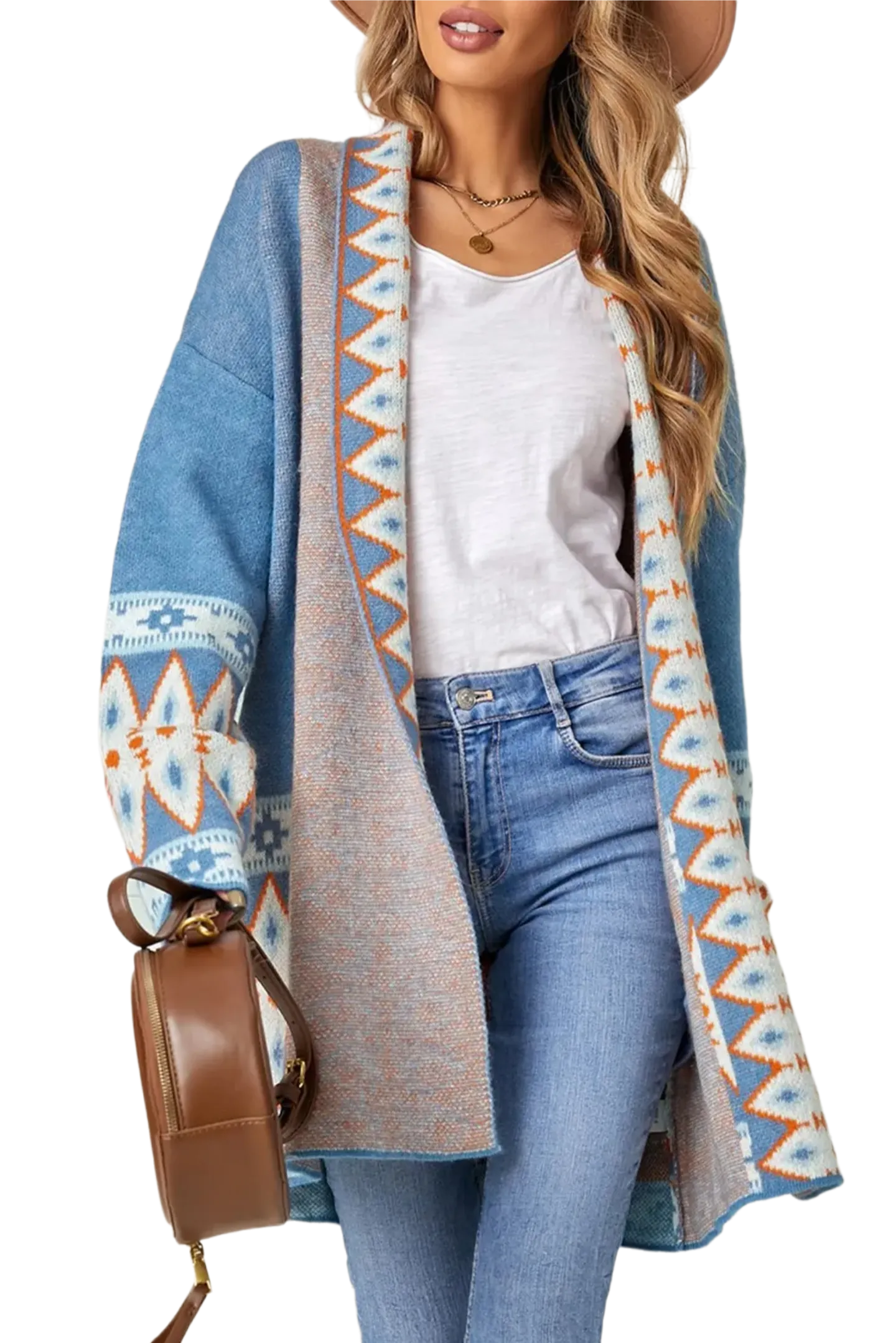 Geometric Open Front Long Sleeve Cardigan