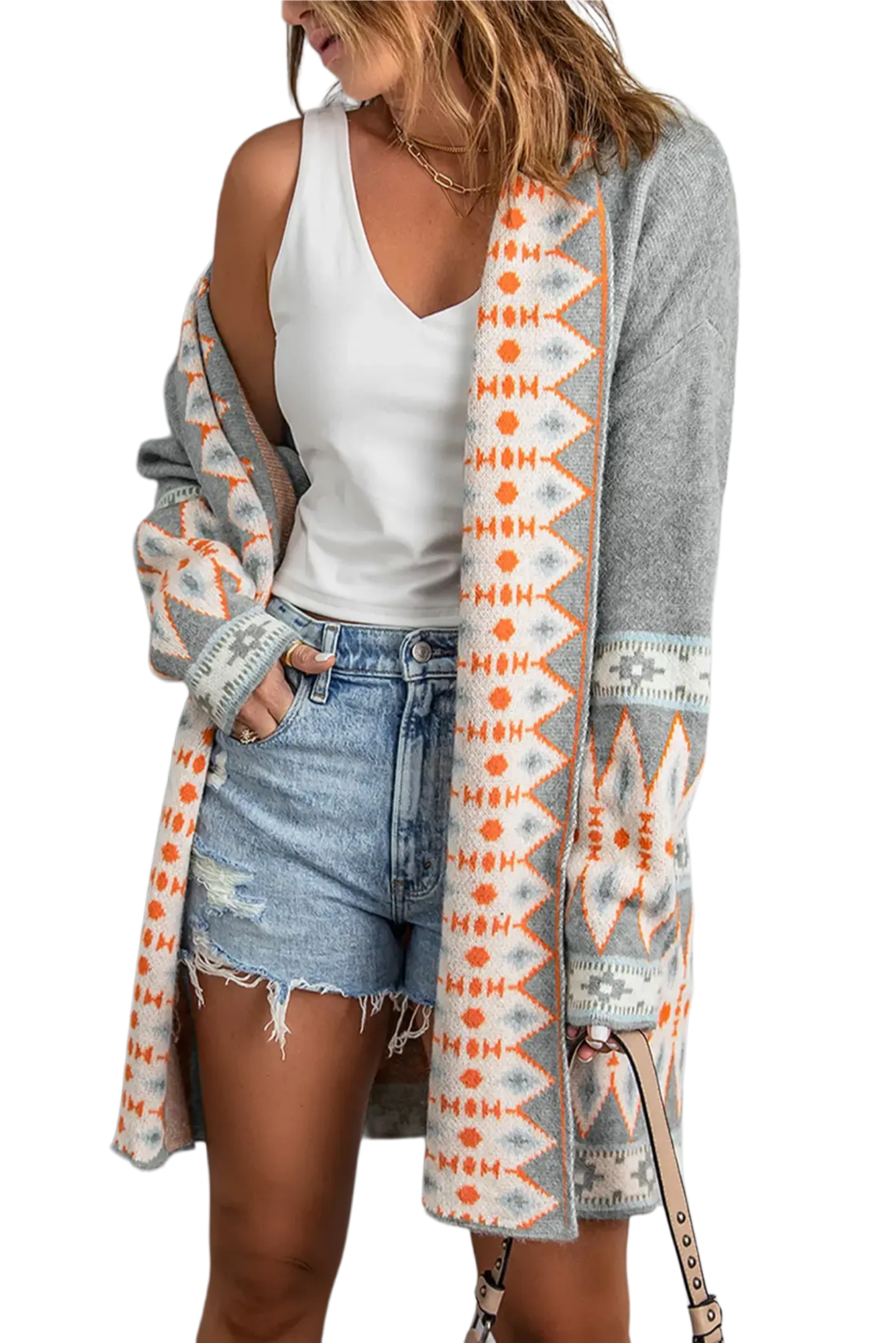 Geometric Open Front Long Sleeve Cardigan