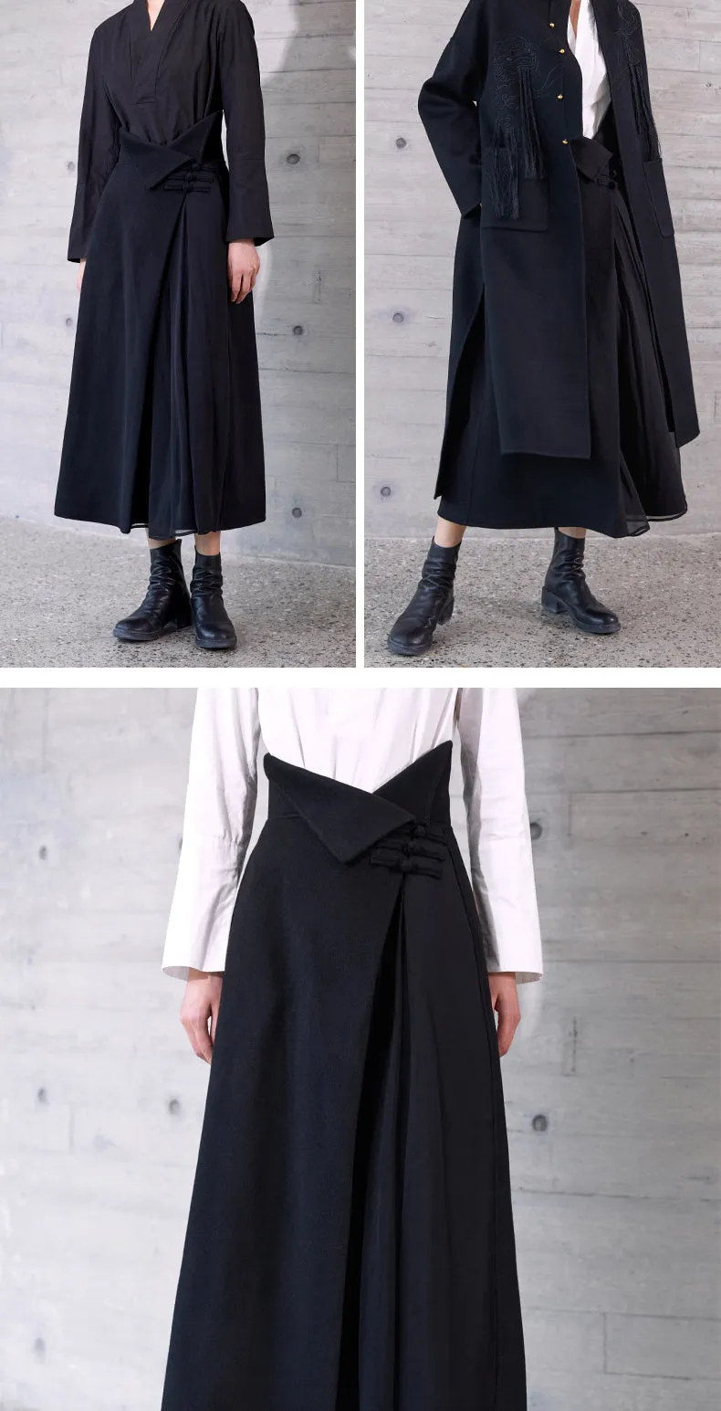 High Waist Pleated Wrap Long Woolen Skirt / Chinese Style