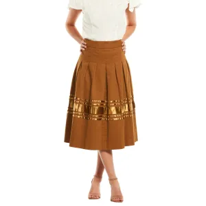 J. Peterman Women's Contrast Ribbon Pleated Skirt in Tobacco