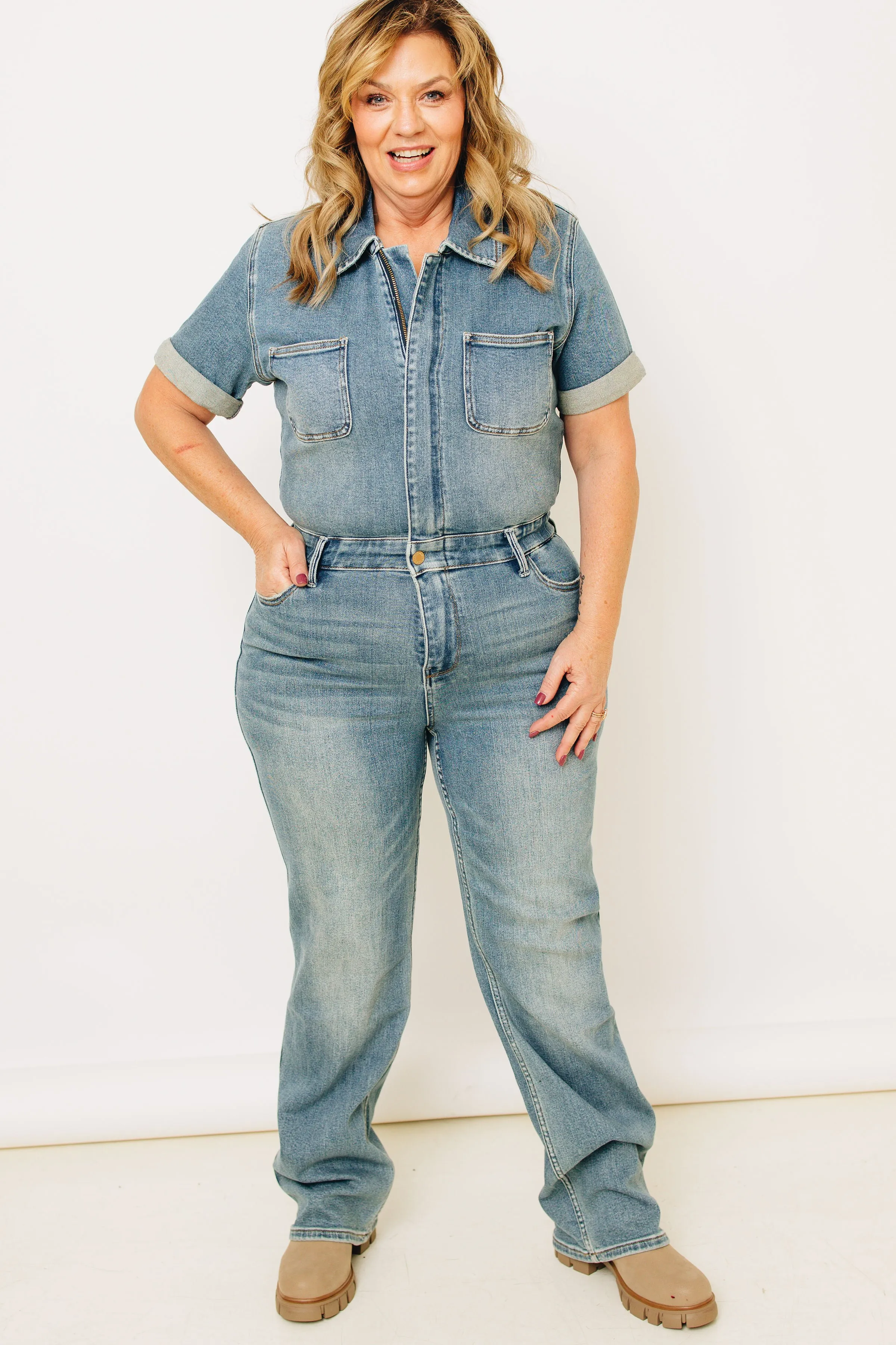 Judy Blue - Lightwave High Waisted Short Sleeve Denim Jumpsuit (S-3XL)