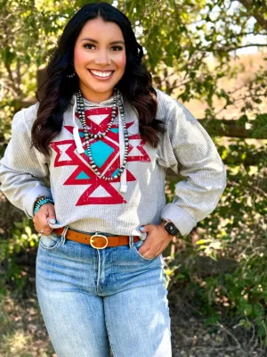 Karla's Aztec Gray Ribbed Sweatshirt by Texas True Threads