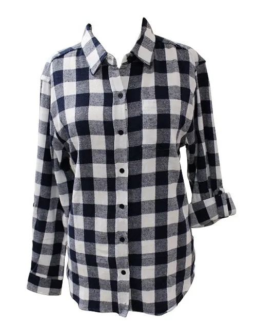 Ladies Long Sleeve, roll Tab, Brushed Flannel Buffalo Plaid Shirt. Black/White. Style 2918