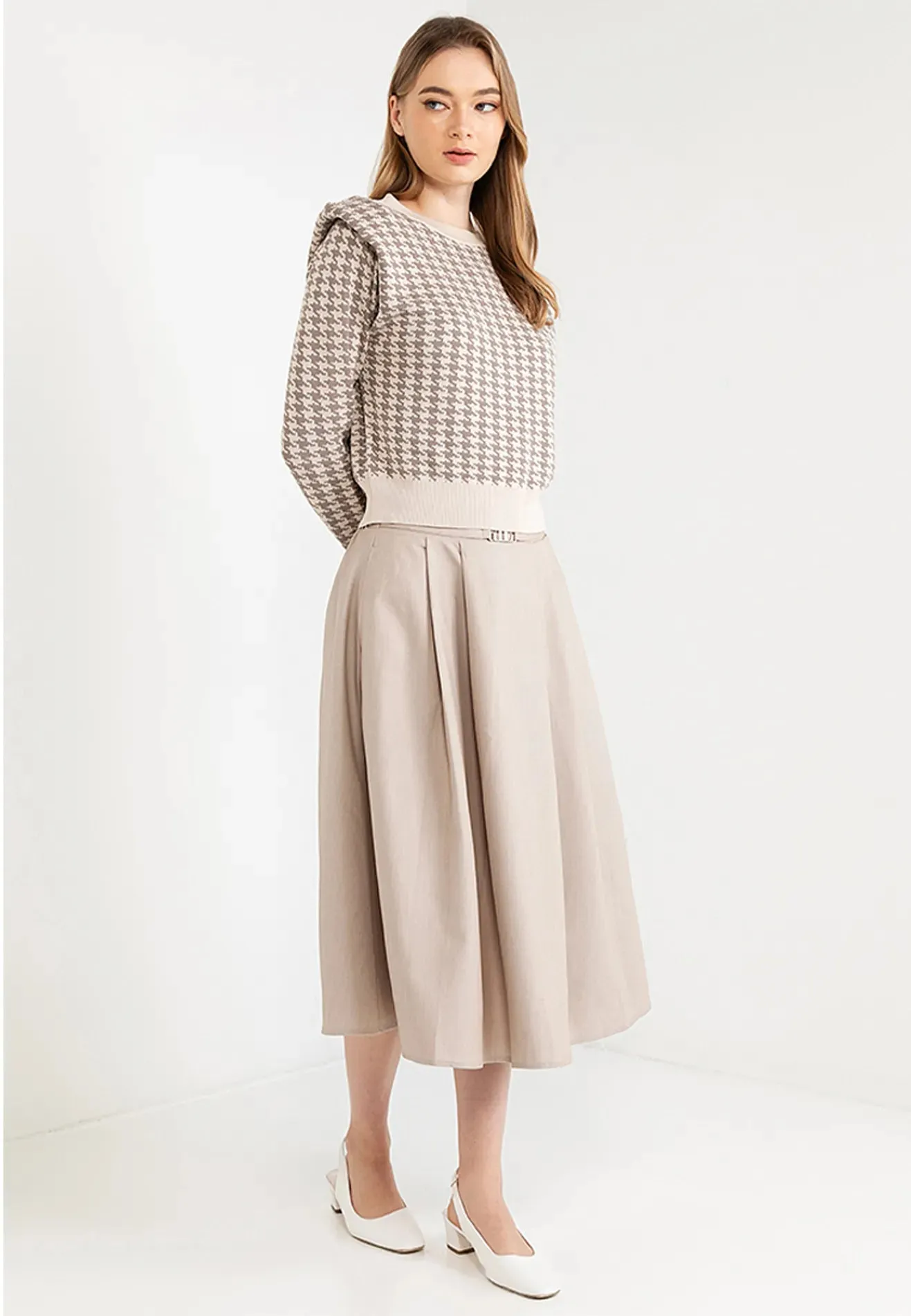 Logo Belted Pleated Midi Skirt