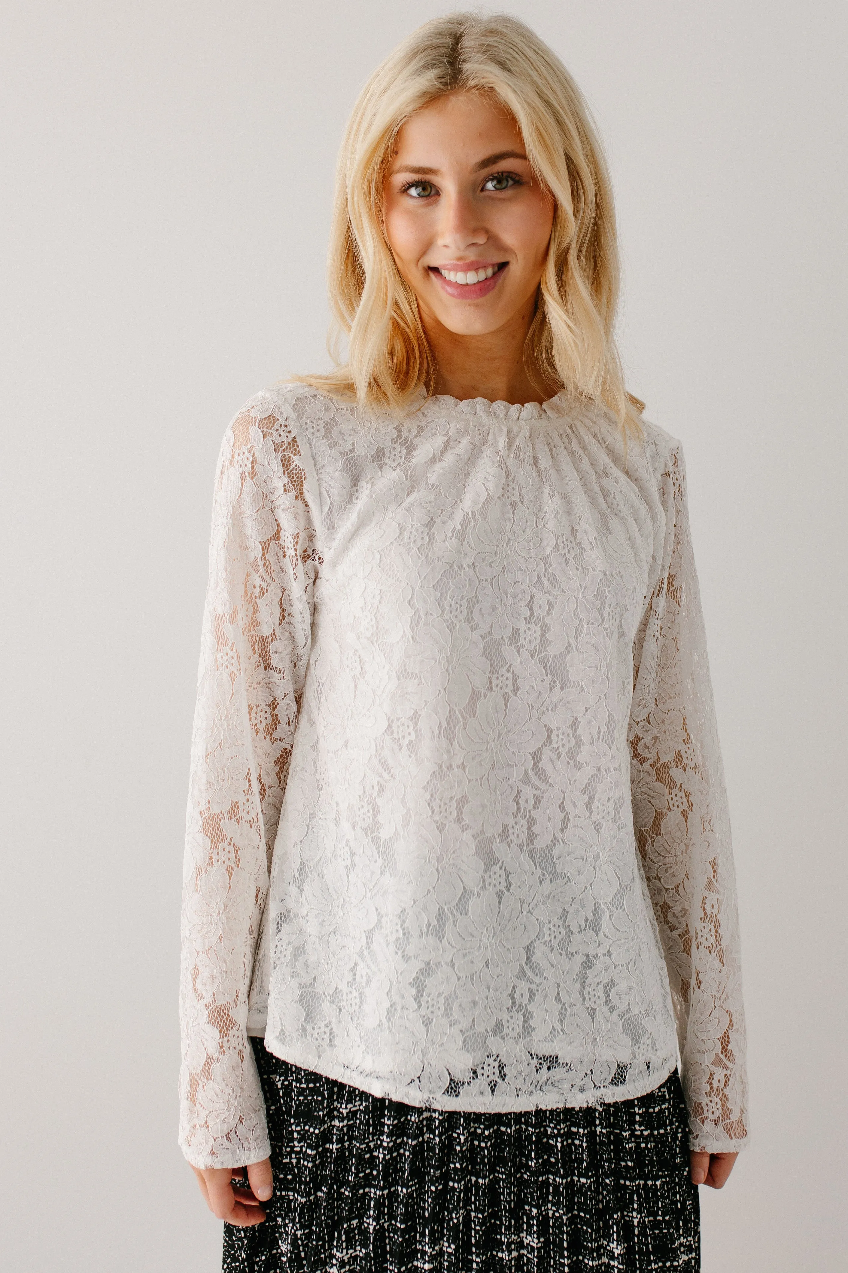 'Luna' Mock Neck Lace Overlay Top in Ivory FINAL SALE