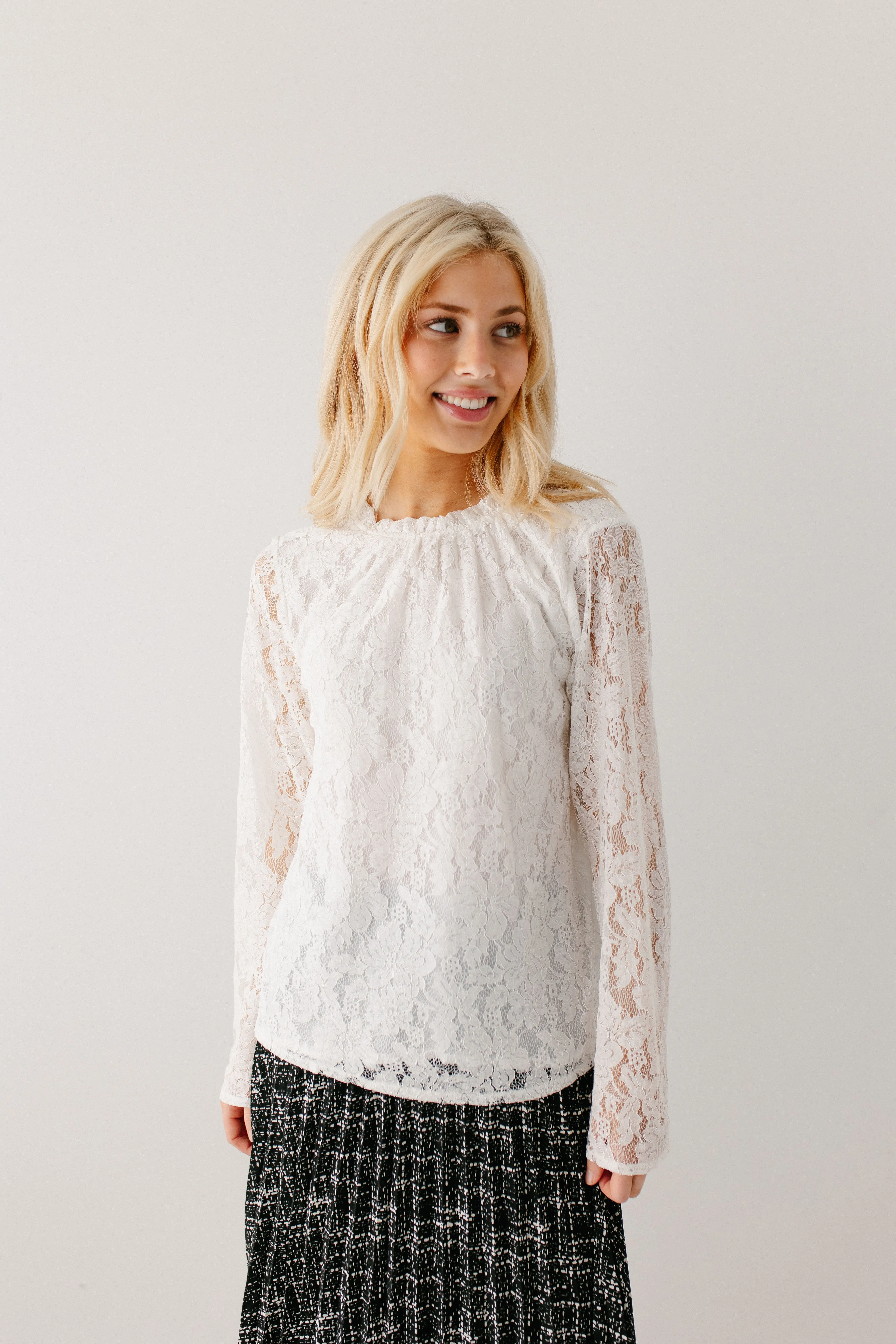 'Luna' Mock Neck Lace Overlay Top in Ivory FINAL SALE