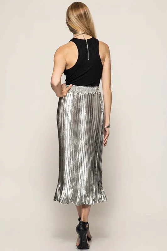 Metallic Pleated Midi Skirt