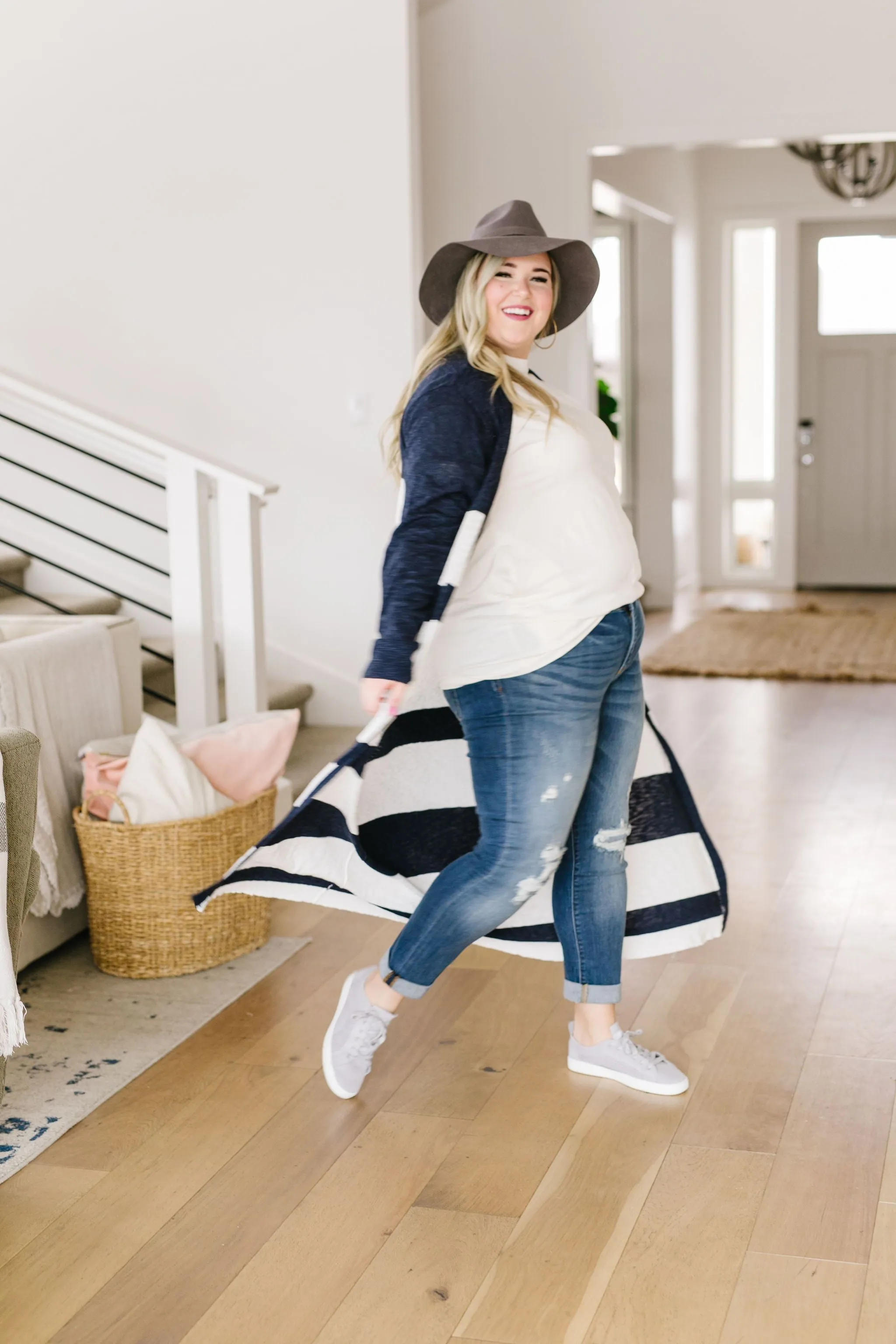 Navy & White Long Striped Cardigan