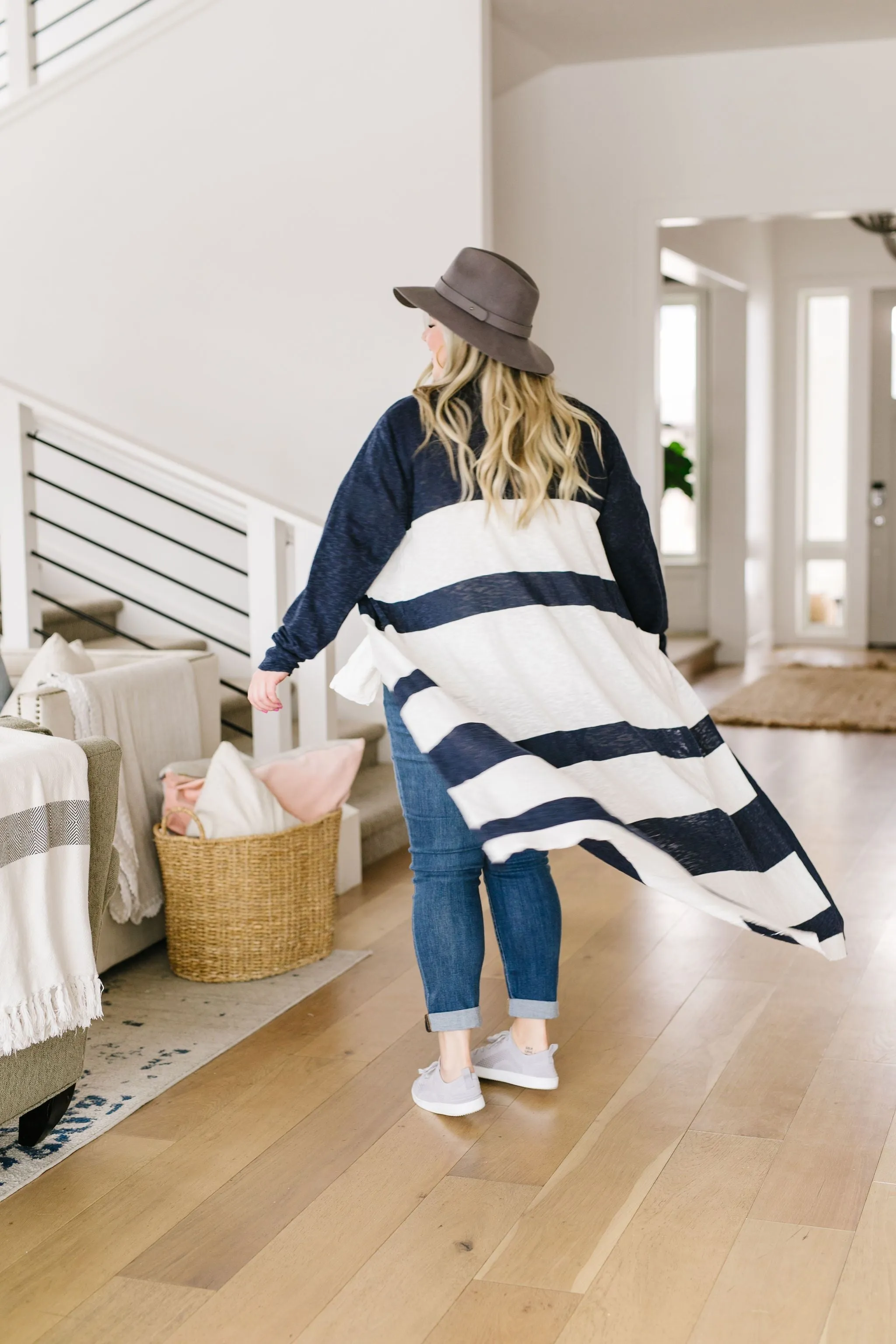 Navy & White Long Striped Cardigan