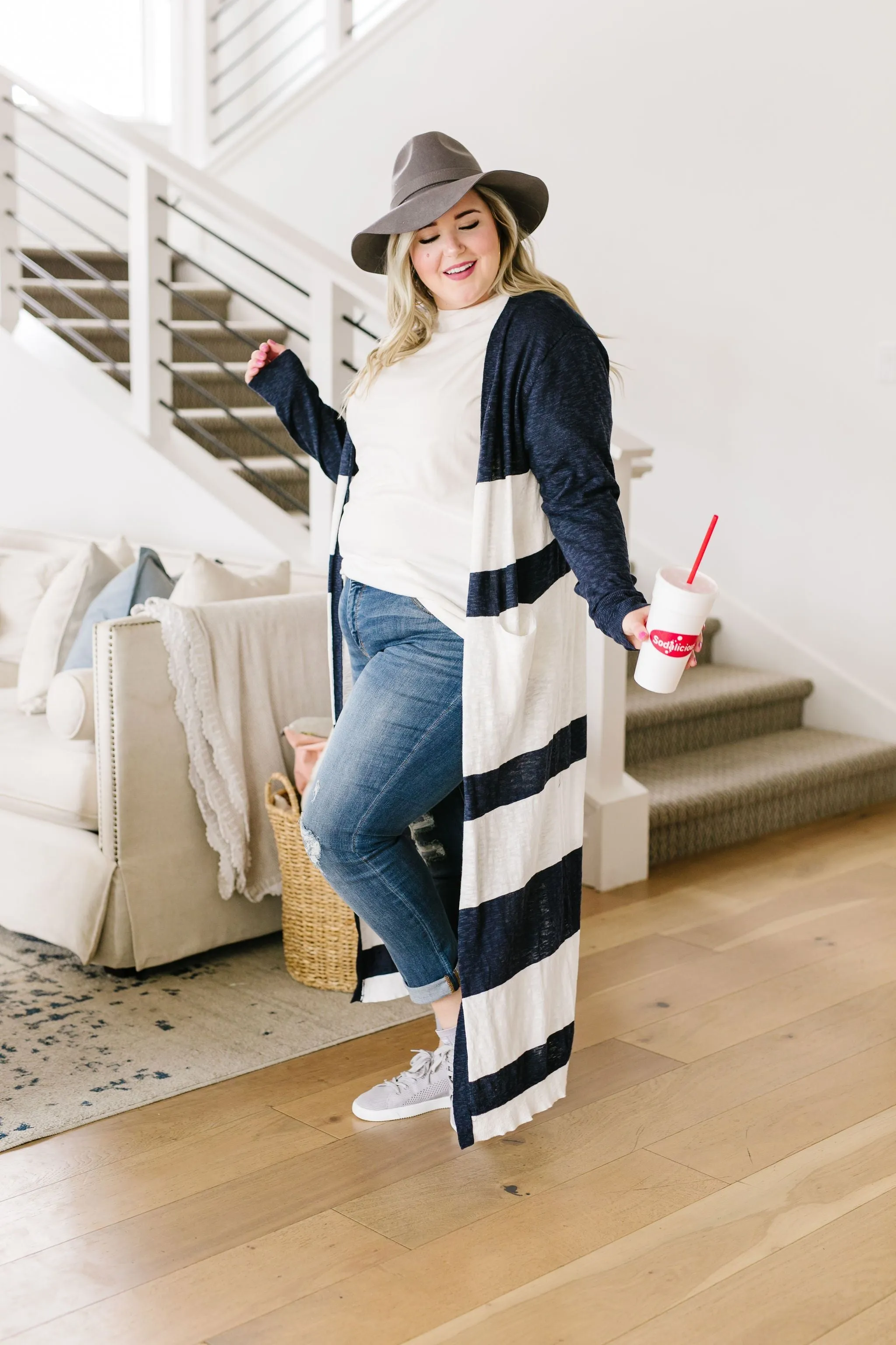 Navy & White Long Striped Cardigan