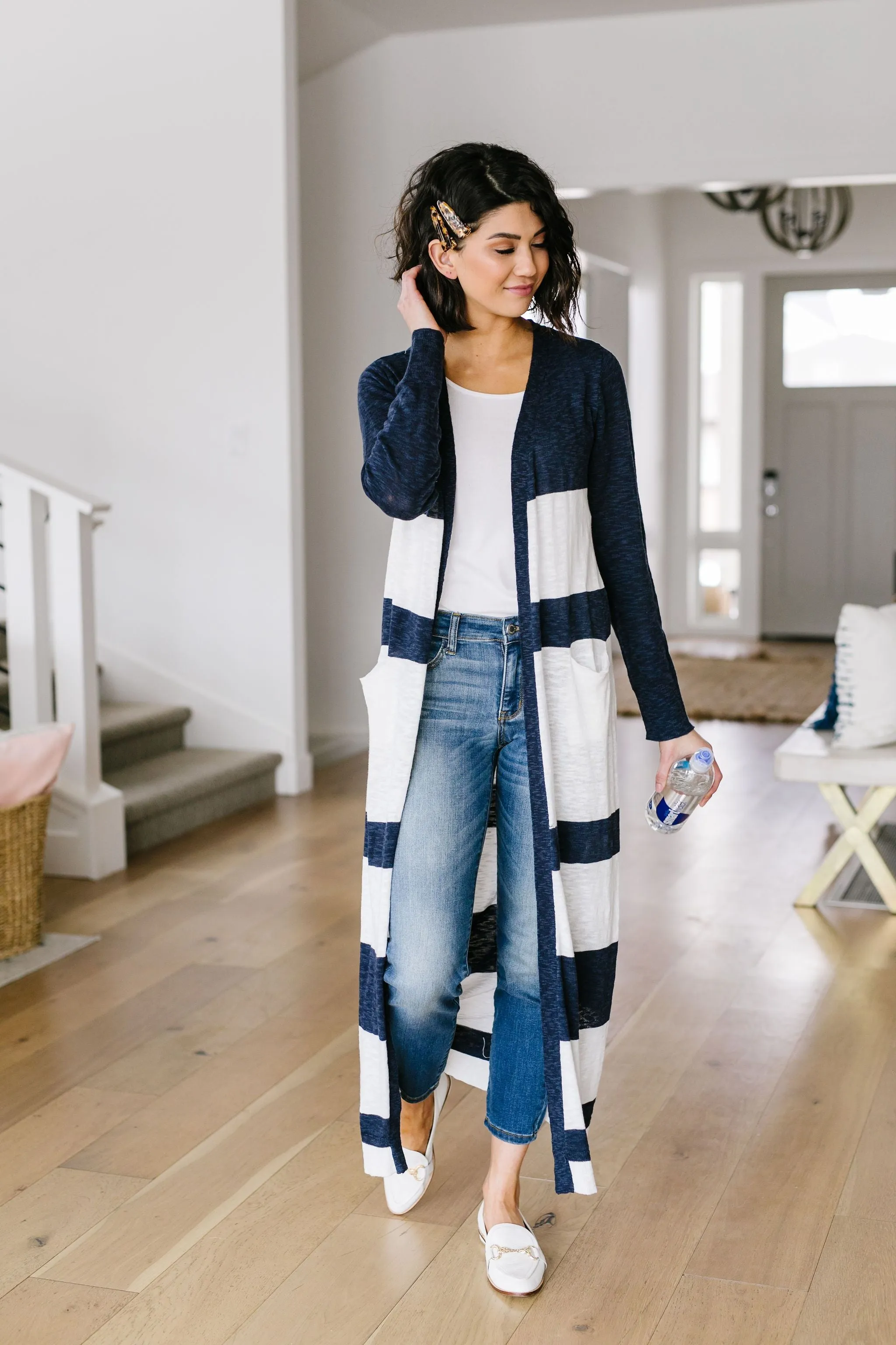 Navy & White Long Striped Cardigan