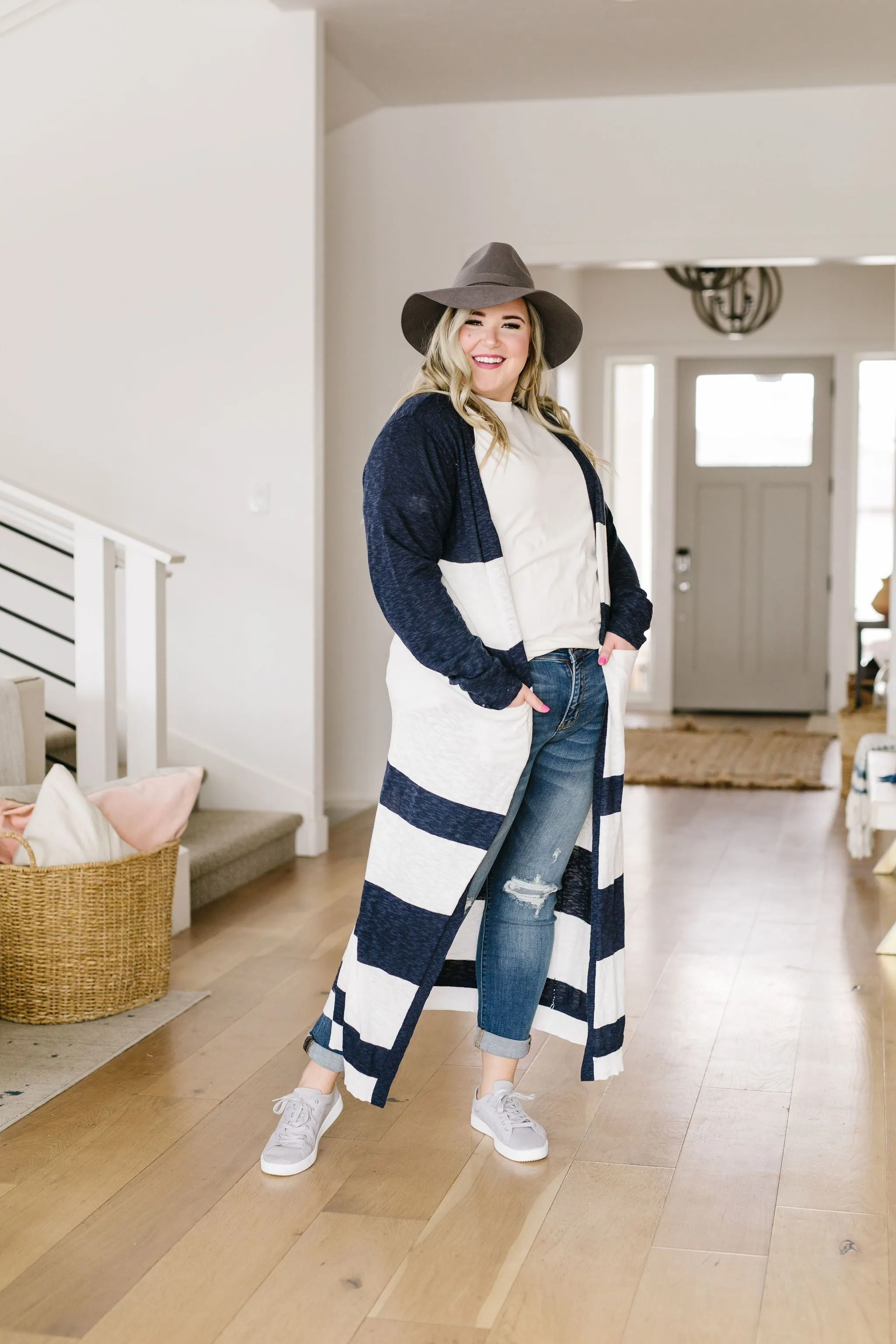 Navy & White Long Striped Cardigan