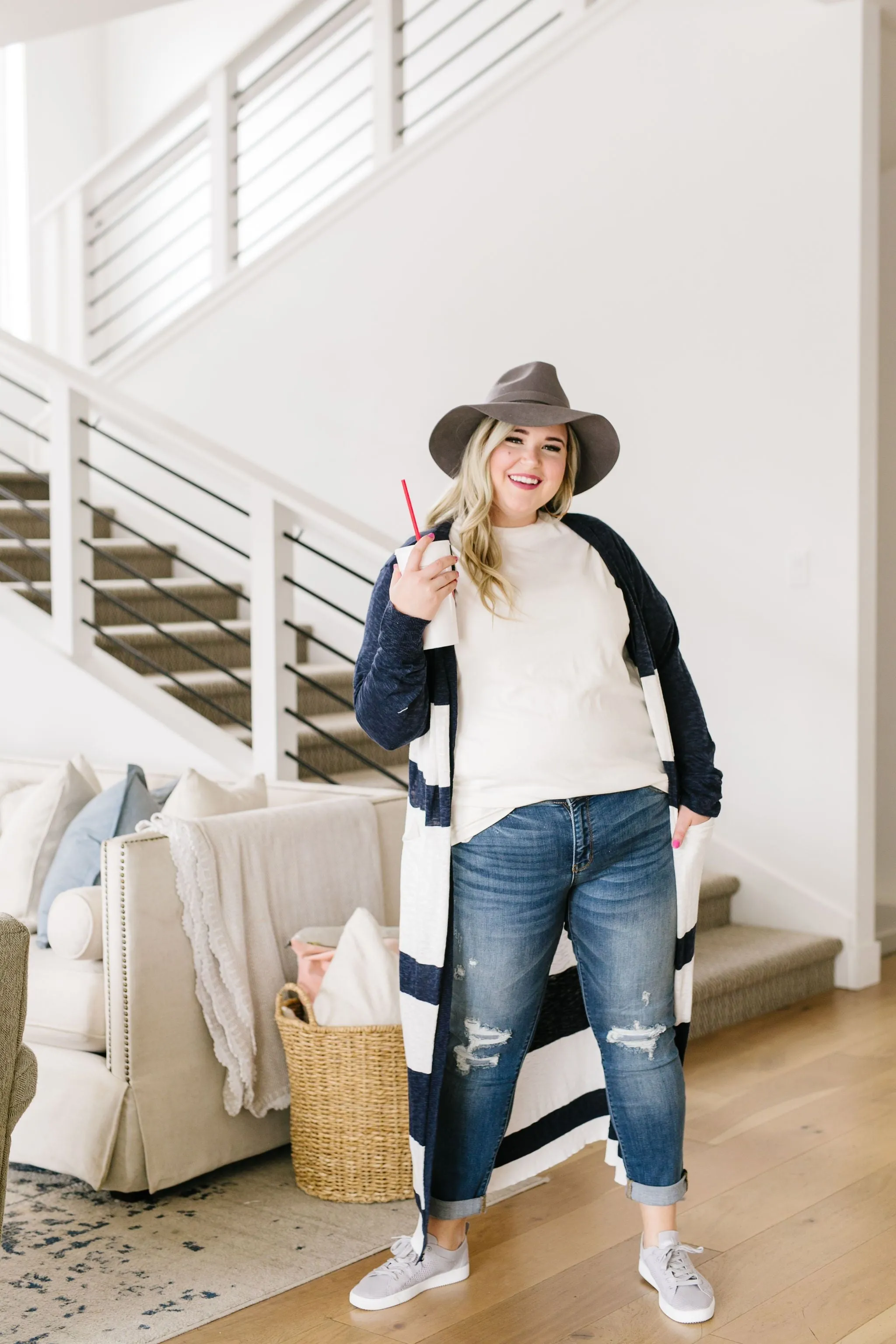 Navy & White Long Striped Cardigan