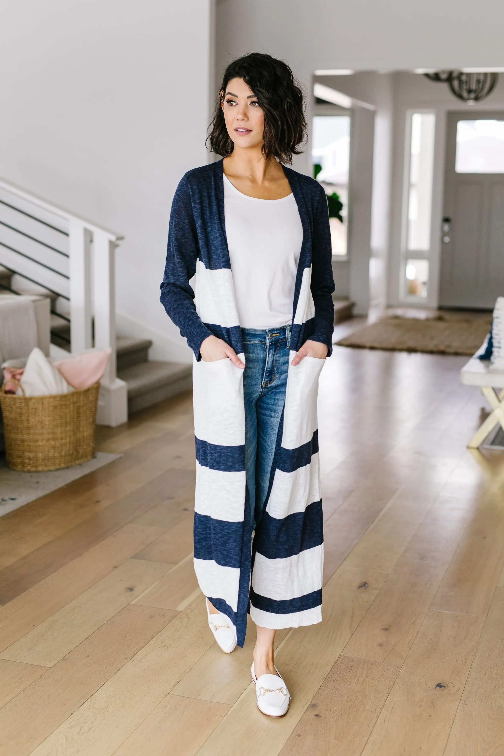 Navy & White Long Striped Cardigan