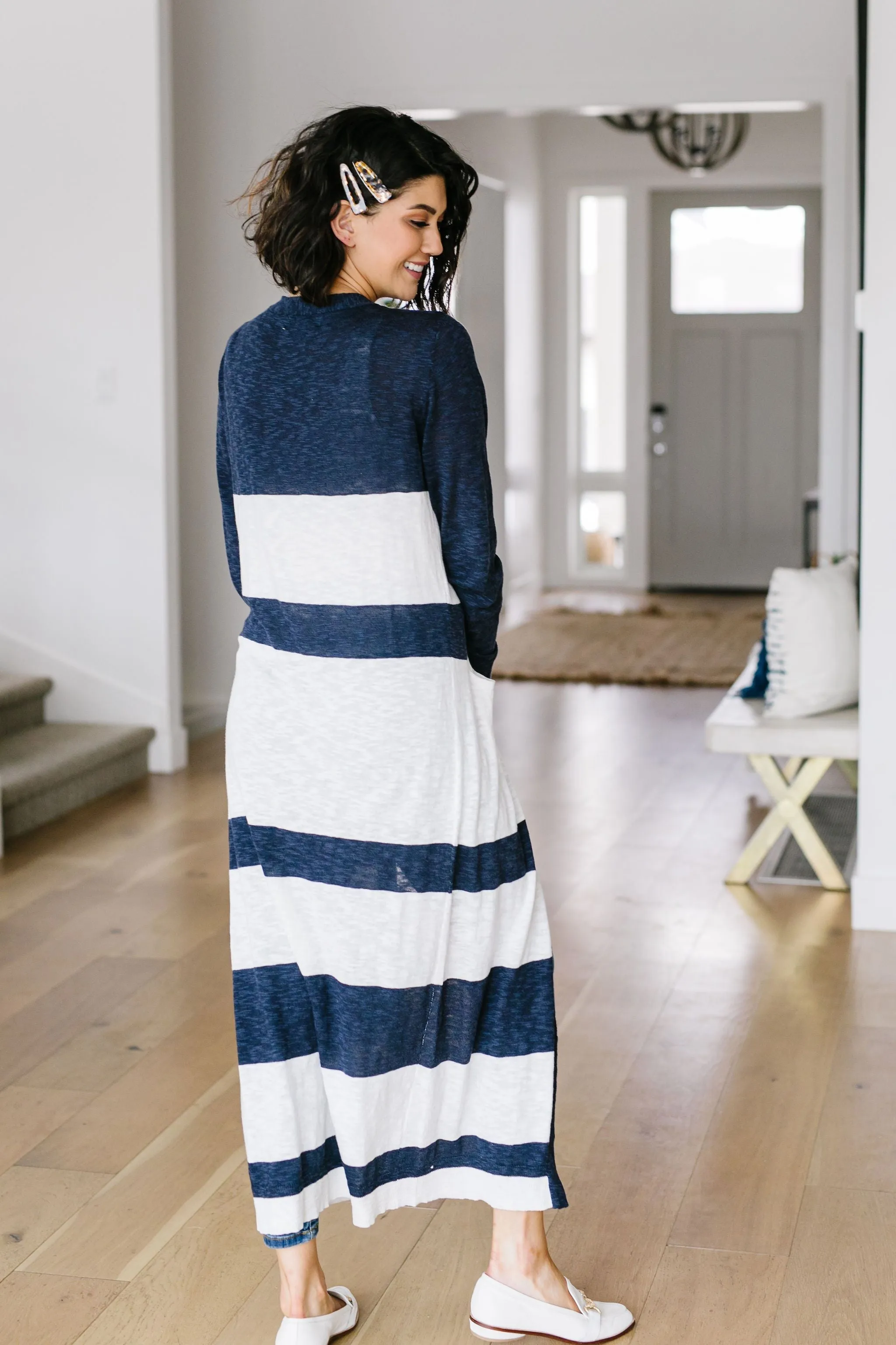 Navy & White Long Striped Cardigan