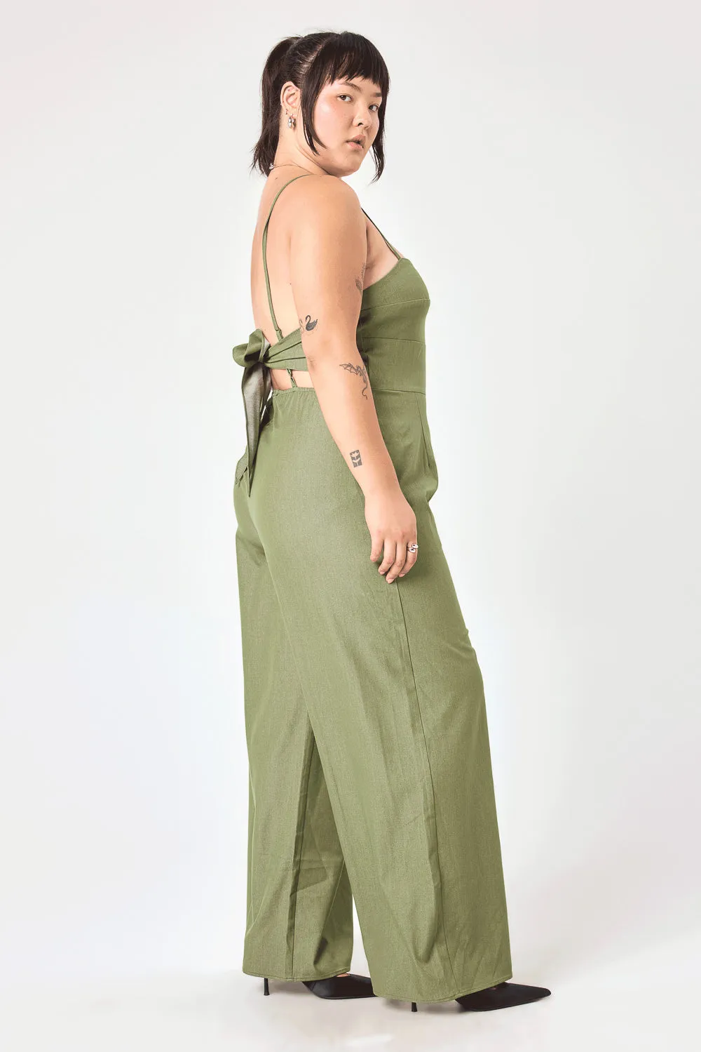 Olive Tie Back Stretch Denim Jumpsuit