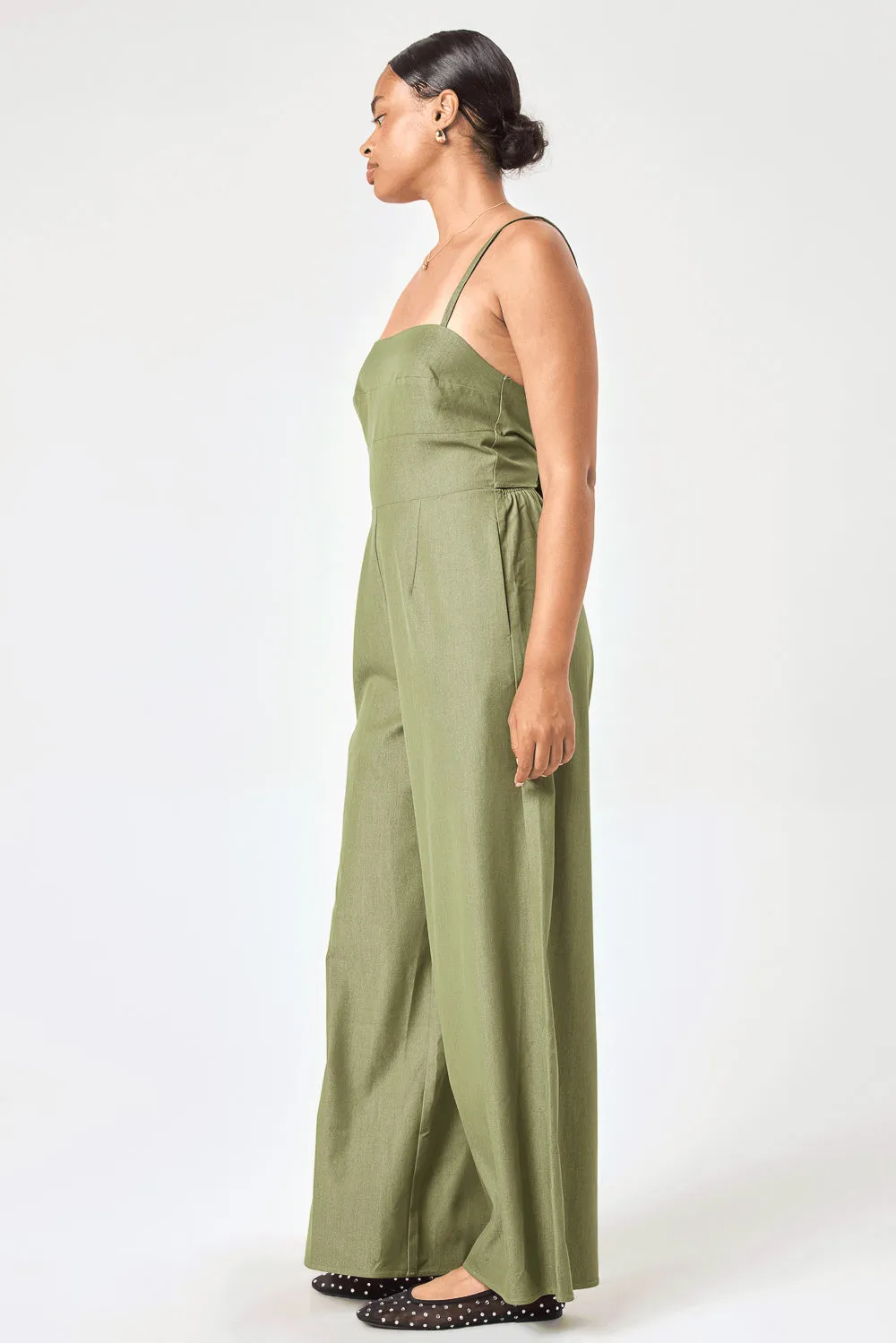 Olive Tie Back Stretch Denim Jumpsuit